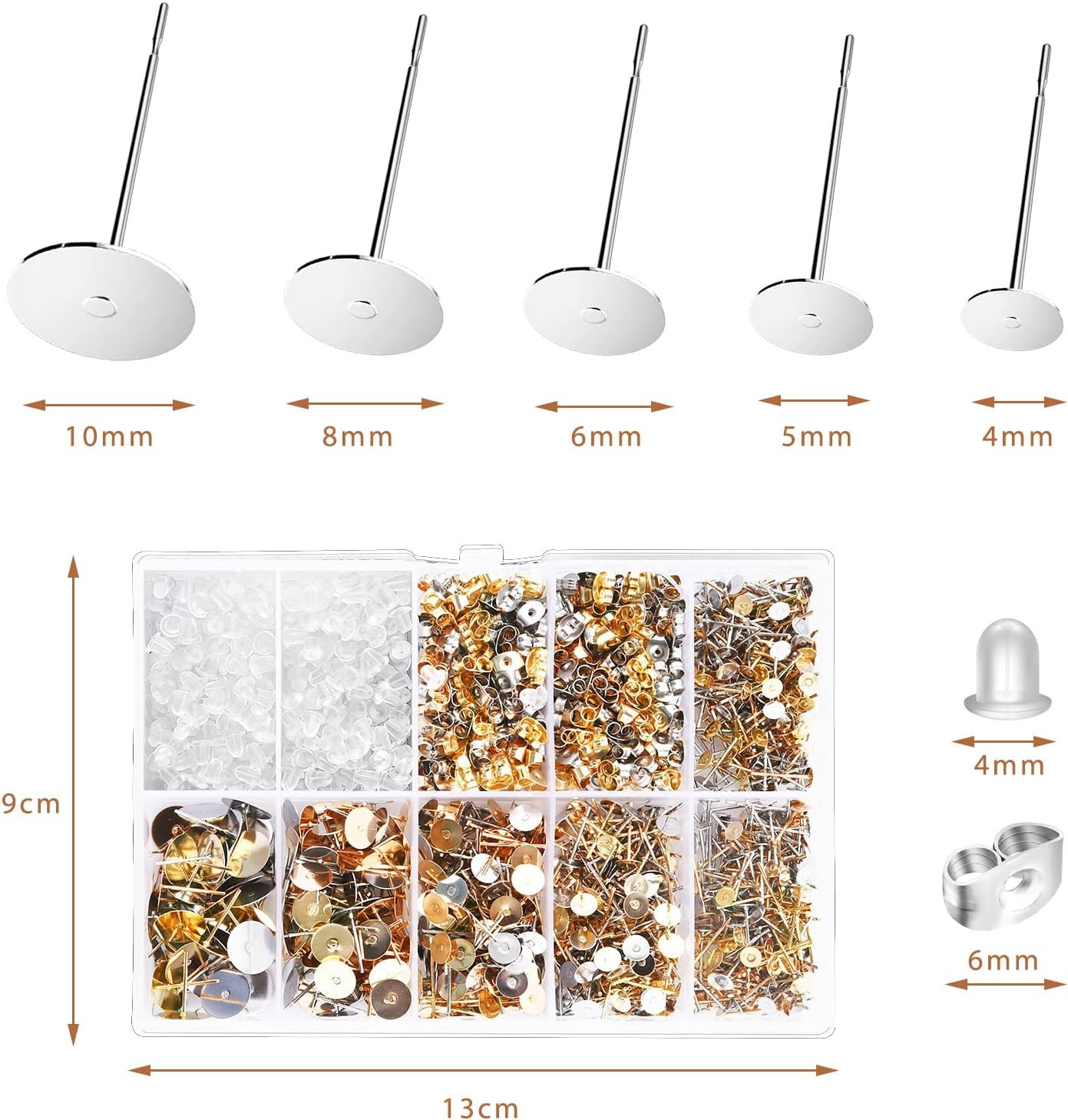 Earring Posts and Backs, 2000Pcs Golden and Silver Hypoallergenic Earring Stu…