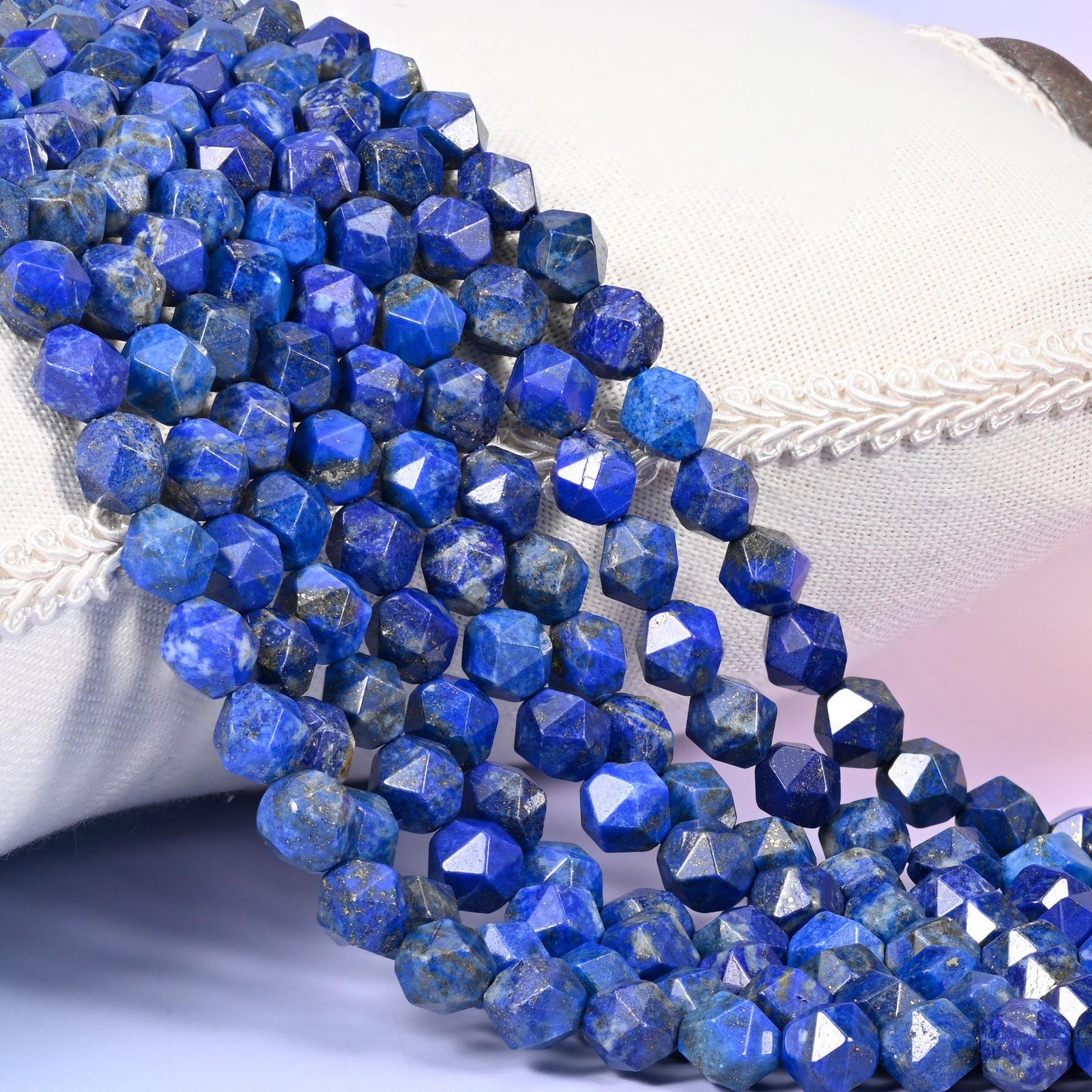 Blue Lapis Beads: Faceted Diamond Star Cut, 6-10mm, 15.5 inch Strand