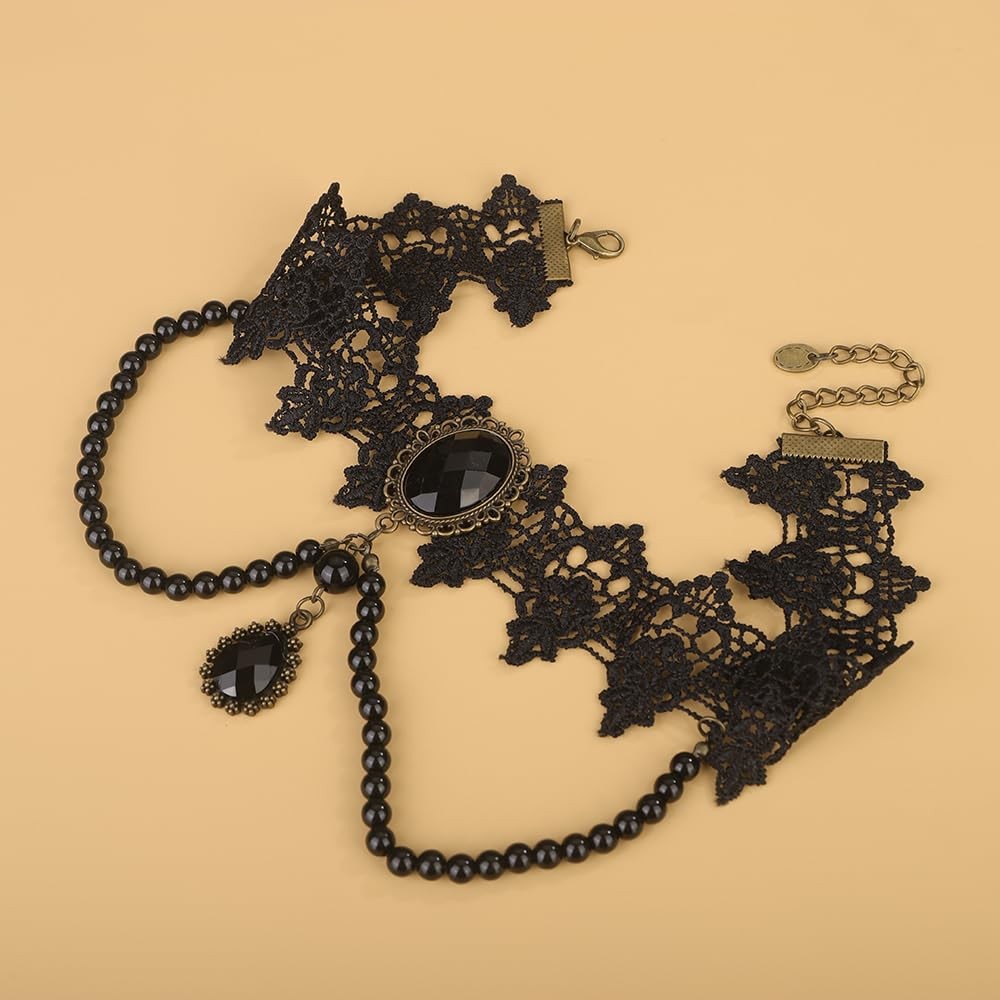 Women Black Halloween Lace Choker Necklace Shinny Tassels Crystal Punk Black Lac