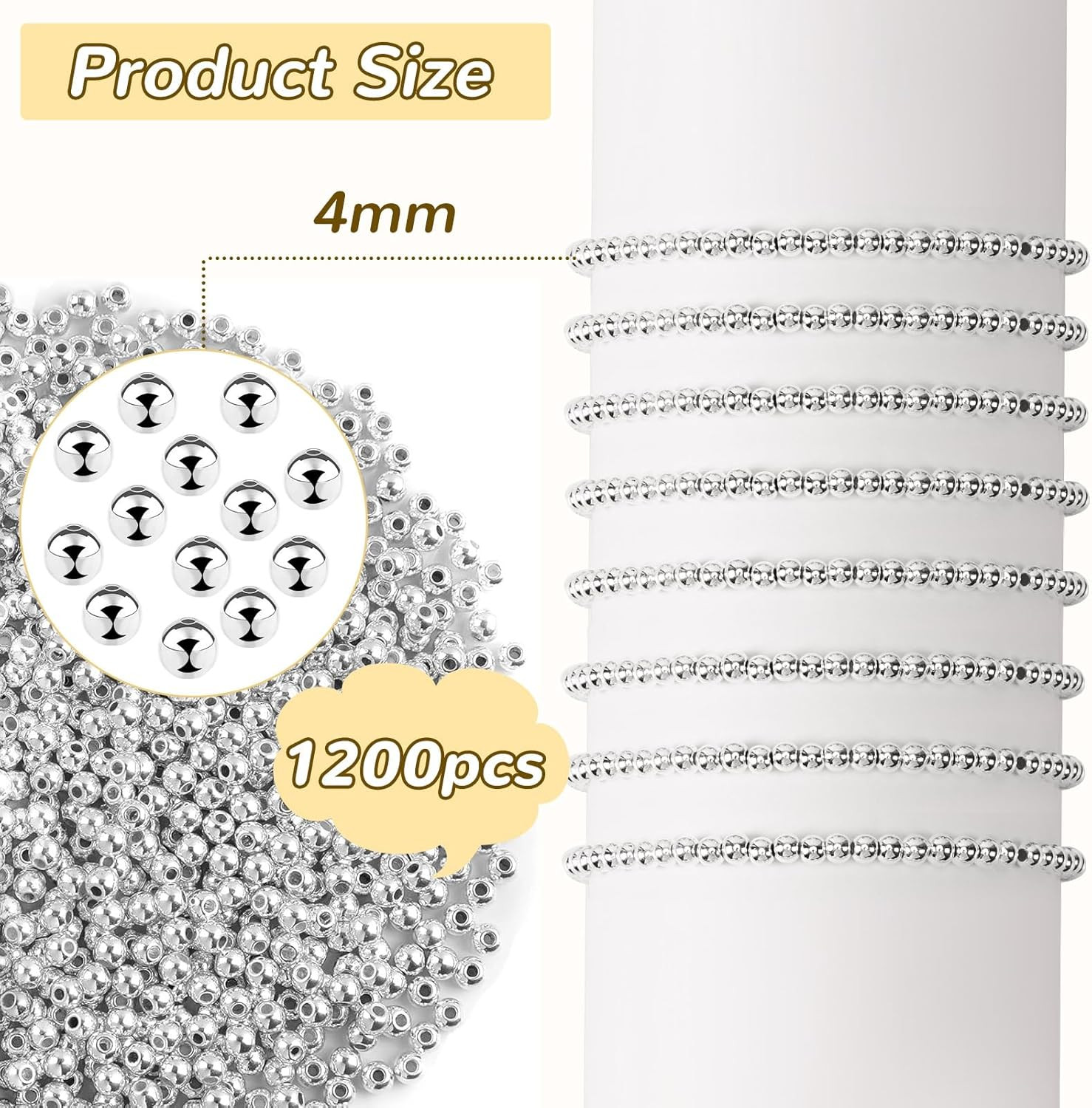 Small Silver Spacer Beads – 1200Pcs, 4Mm Smooth round Beads for Jewelry Making,