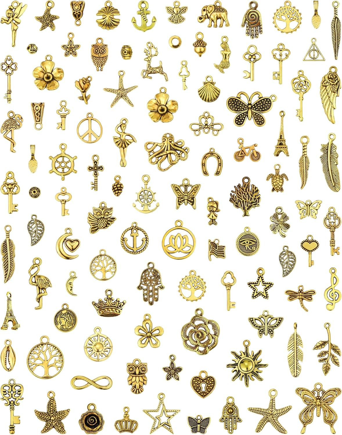 JIALEEY 100Pcs Wholesale Bulk Lots Gold Charm Mixed Tibetan Antique Golden Penda