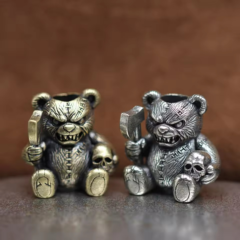 Bear Skull Brass Knife Bead EDC Paracord Lanyard DIY Outdoor Charm Pendant Beads