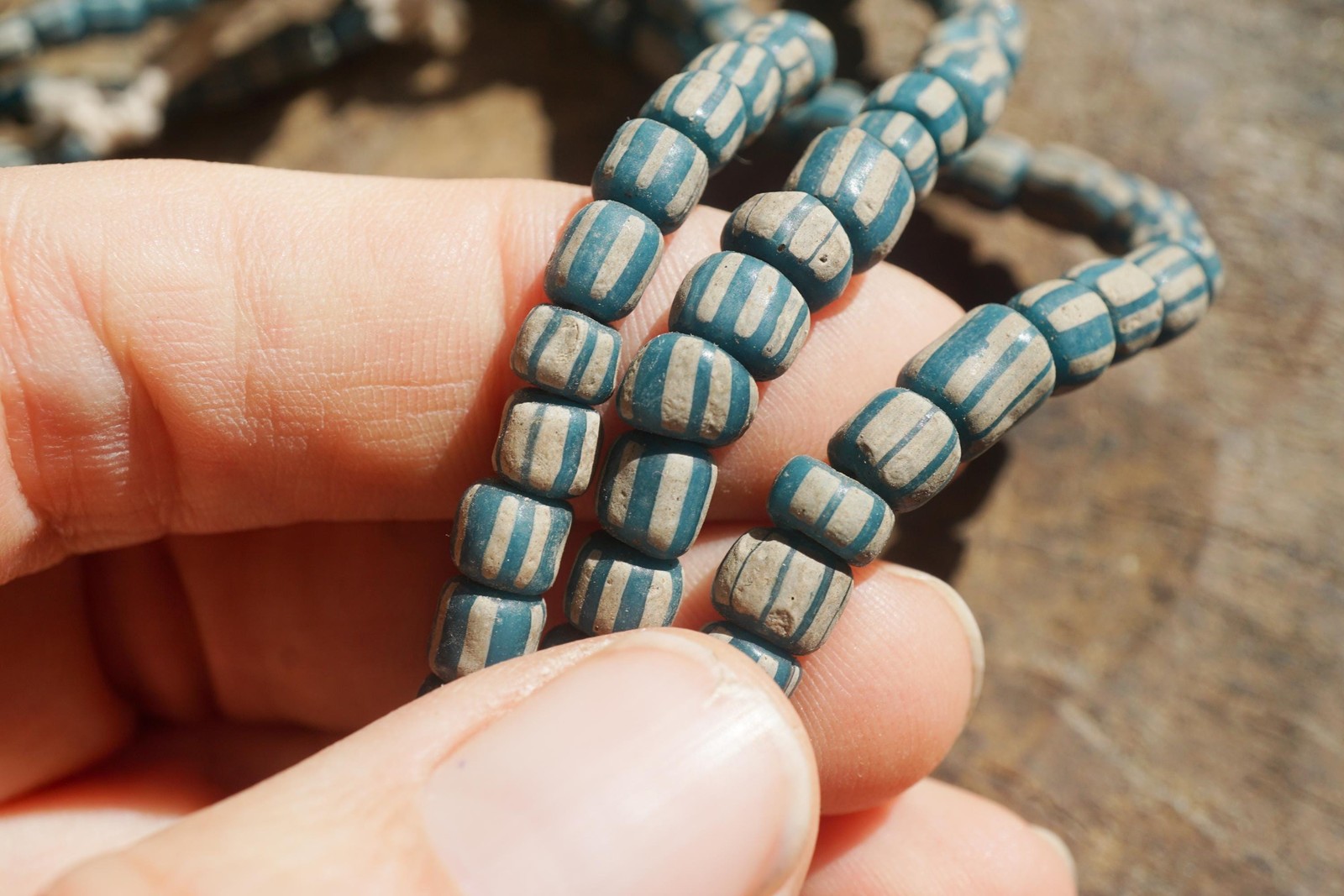 Artisan Made Java Glass Beads: Teal with White Stripes (5-6mm), 2897A378
