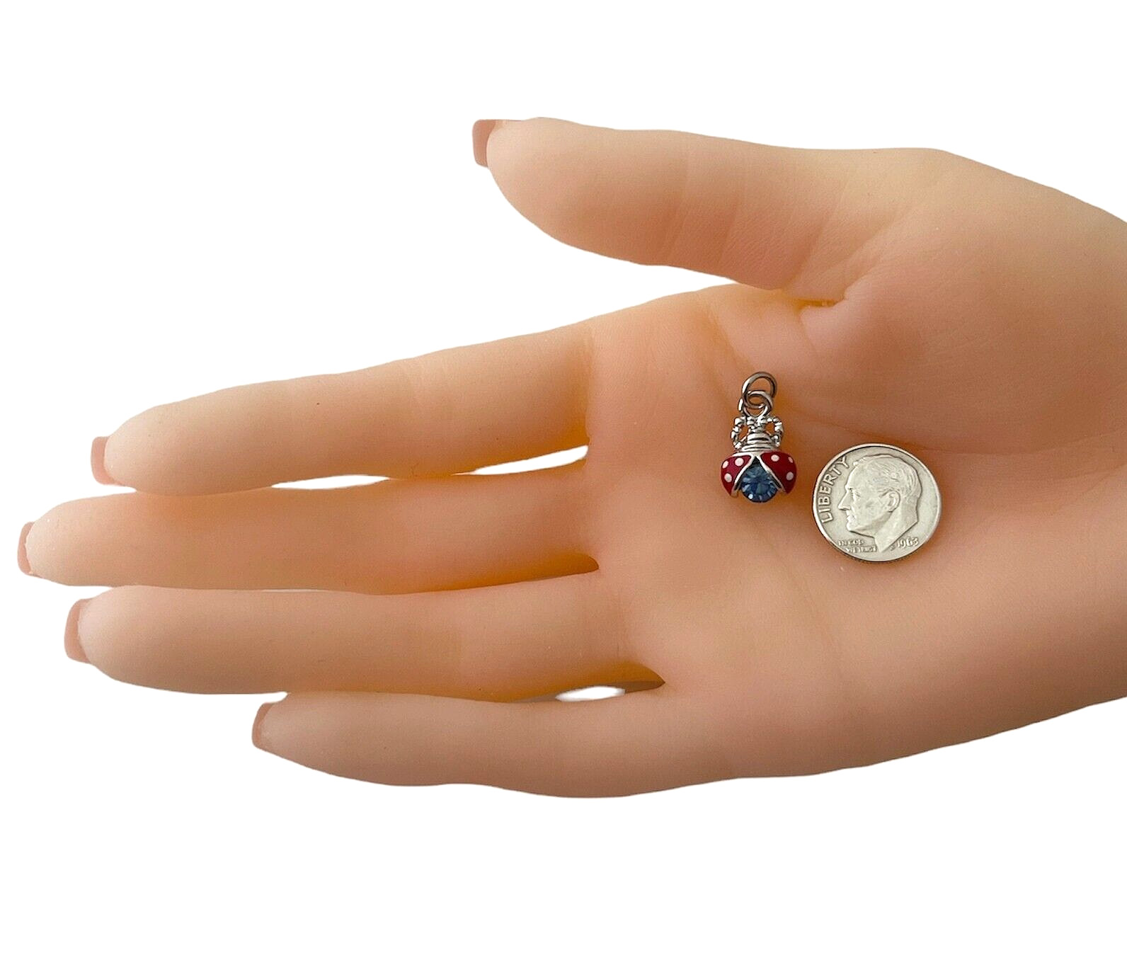 2 Ladybug Bead Drop Charms Silver Red White Light Sapphire Blue with Jumpring