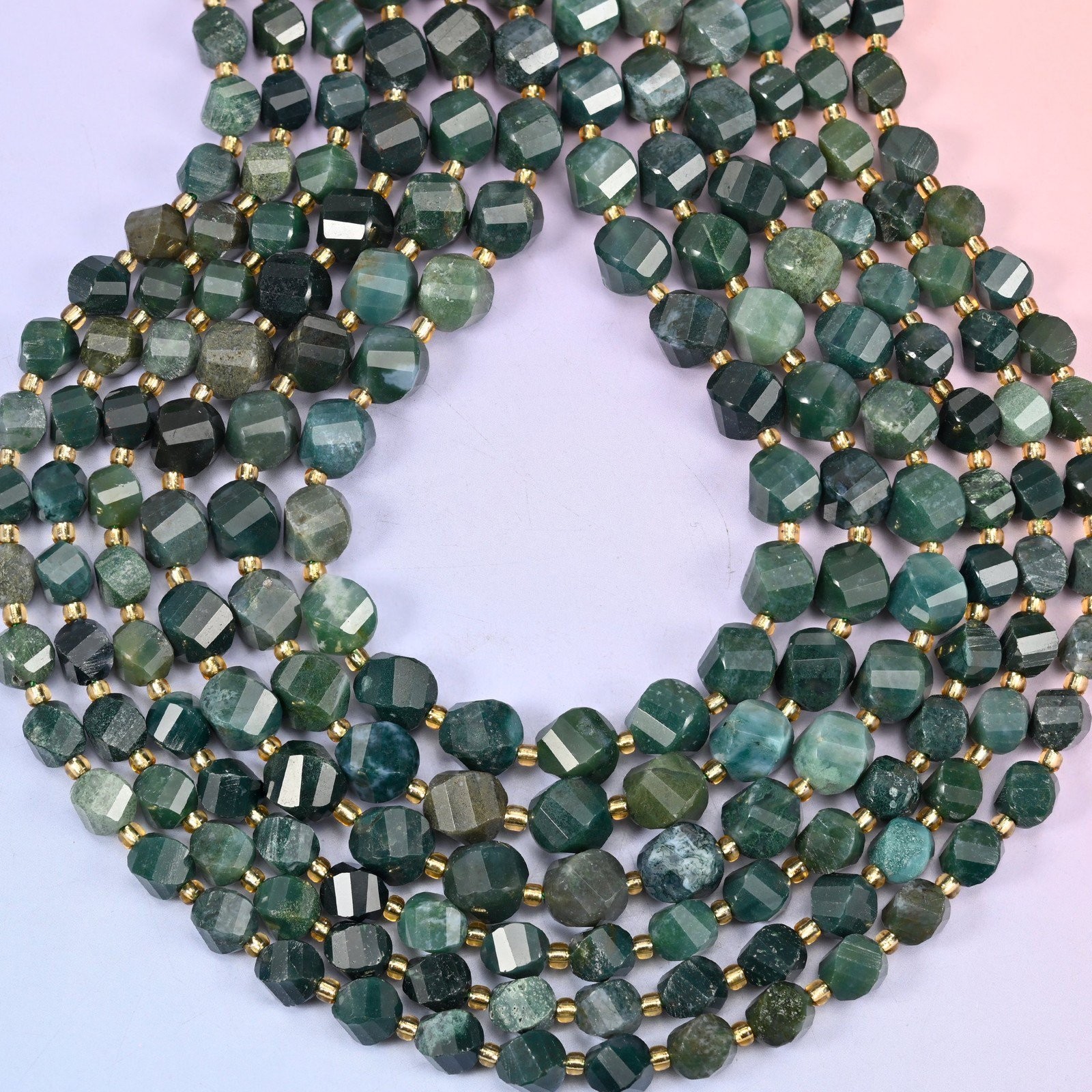 Moss Agate Faceted Spiral Twist Beads: Size 8mm 10mm, Jewelry Making