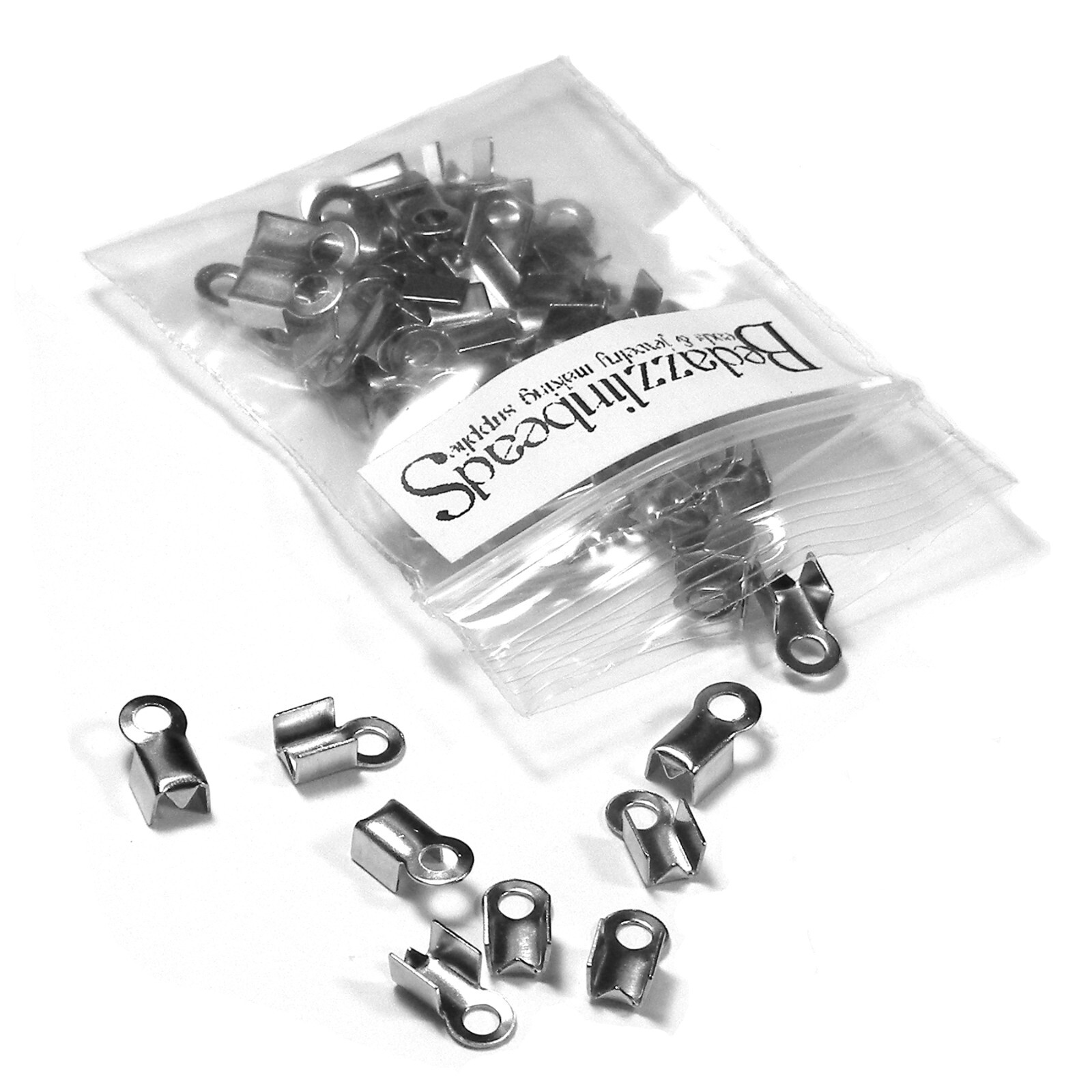 50 Stainless Steel Fold Over Cord End Findings with Loop for up to 3mm Cording