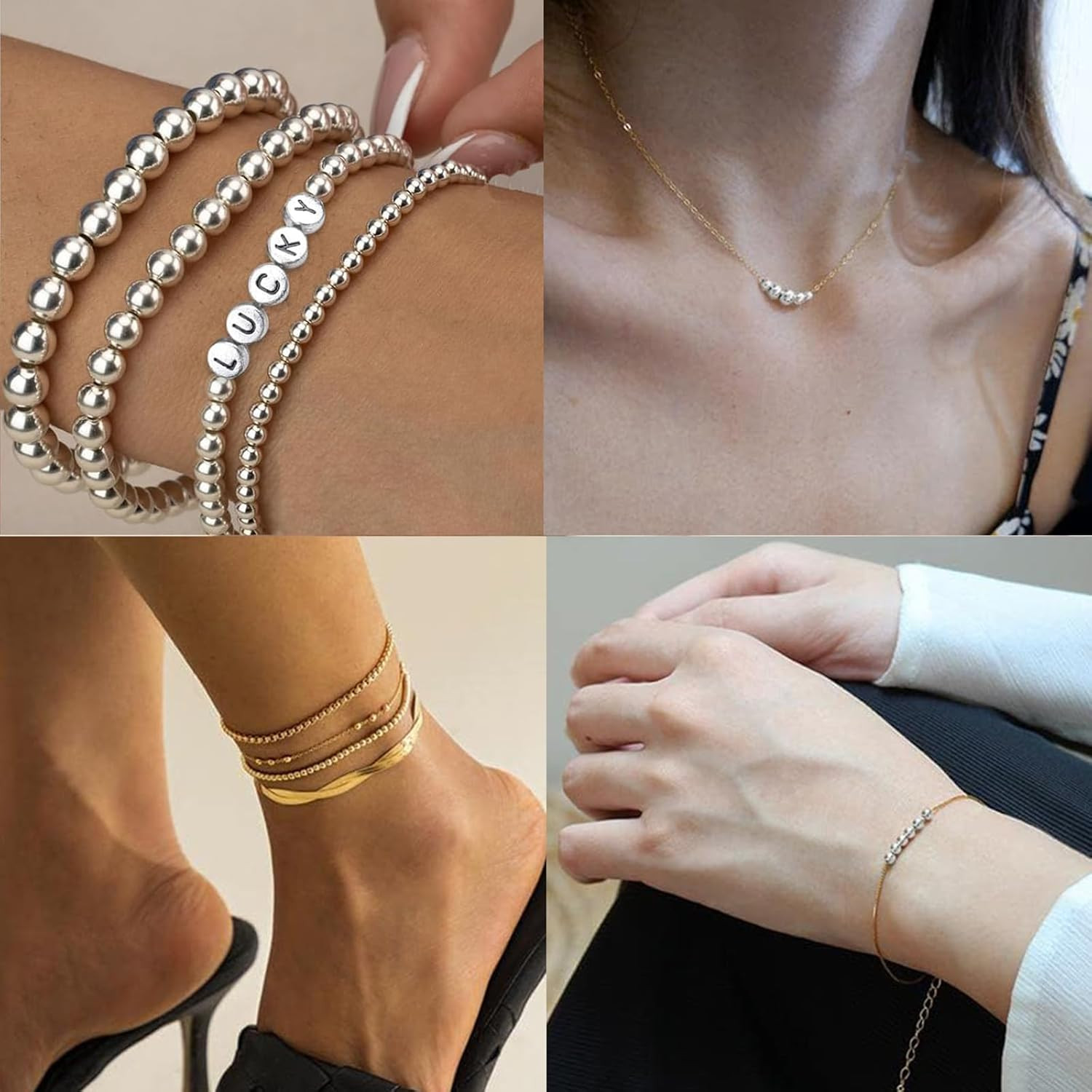 1740Pcs Spacer Beads 4Mm and 6Mm,Gold and Silver Assorted round Beads for Bracel