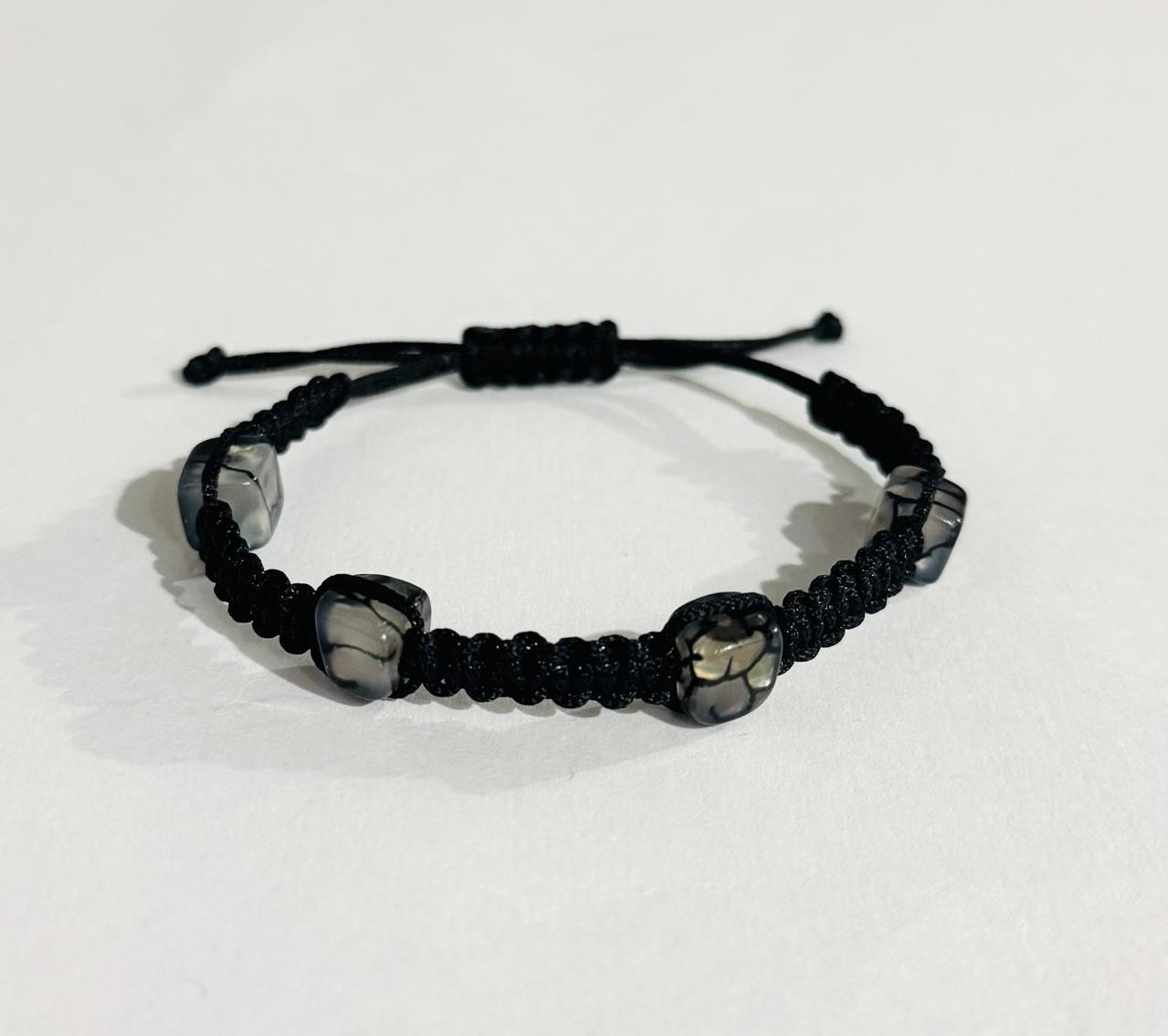 Handmade Black Macrame Adjustable Bracelet with Grey Patterned Cube Beads