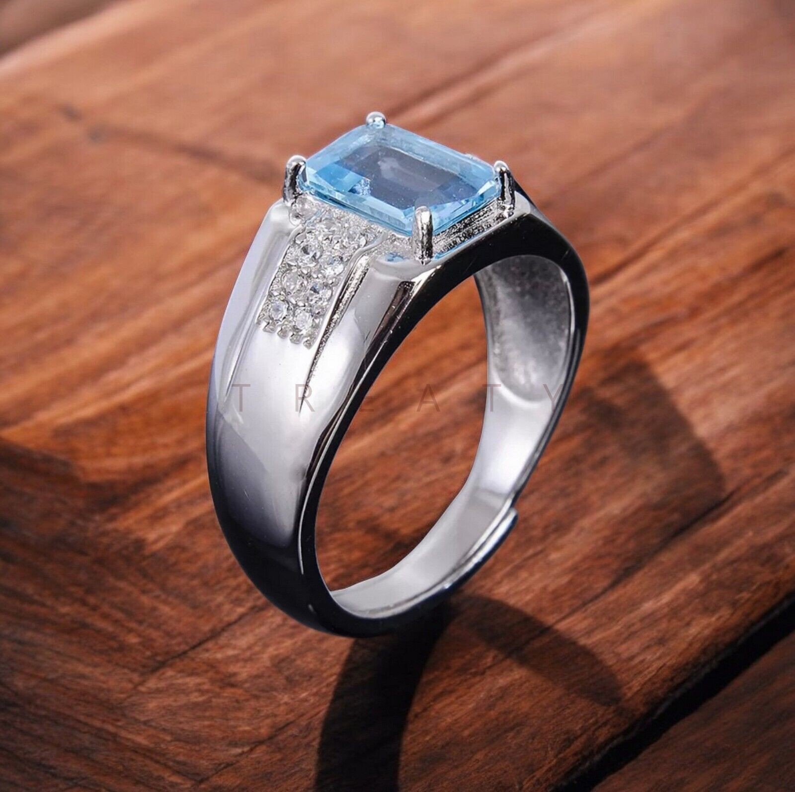 Blue Topaz Emerald Cut Gemstone With Solid 14K White Gold Ring For Men’s #A274 #