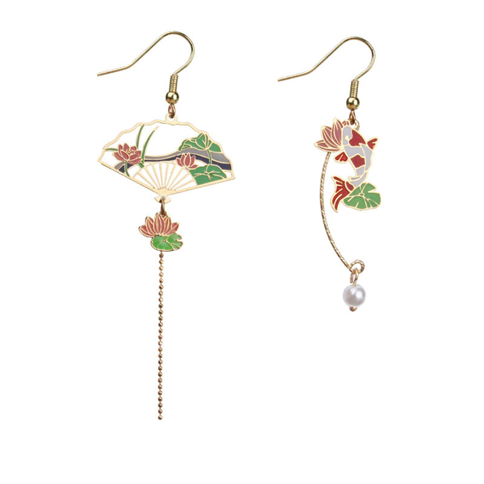 Chinese Style Fan Earrings Cute Handmade Retro Ethnic Hollow Asymmetric Sec – 01