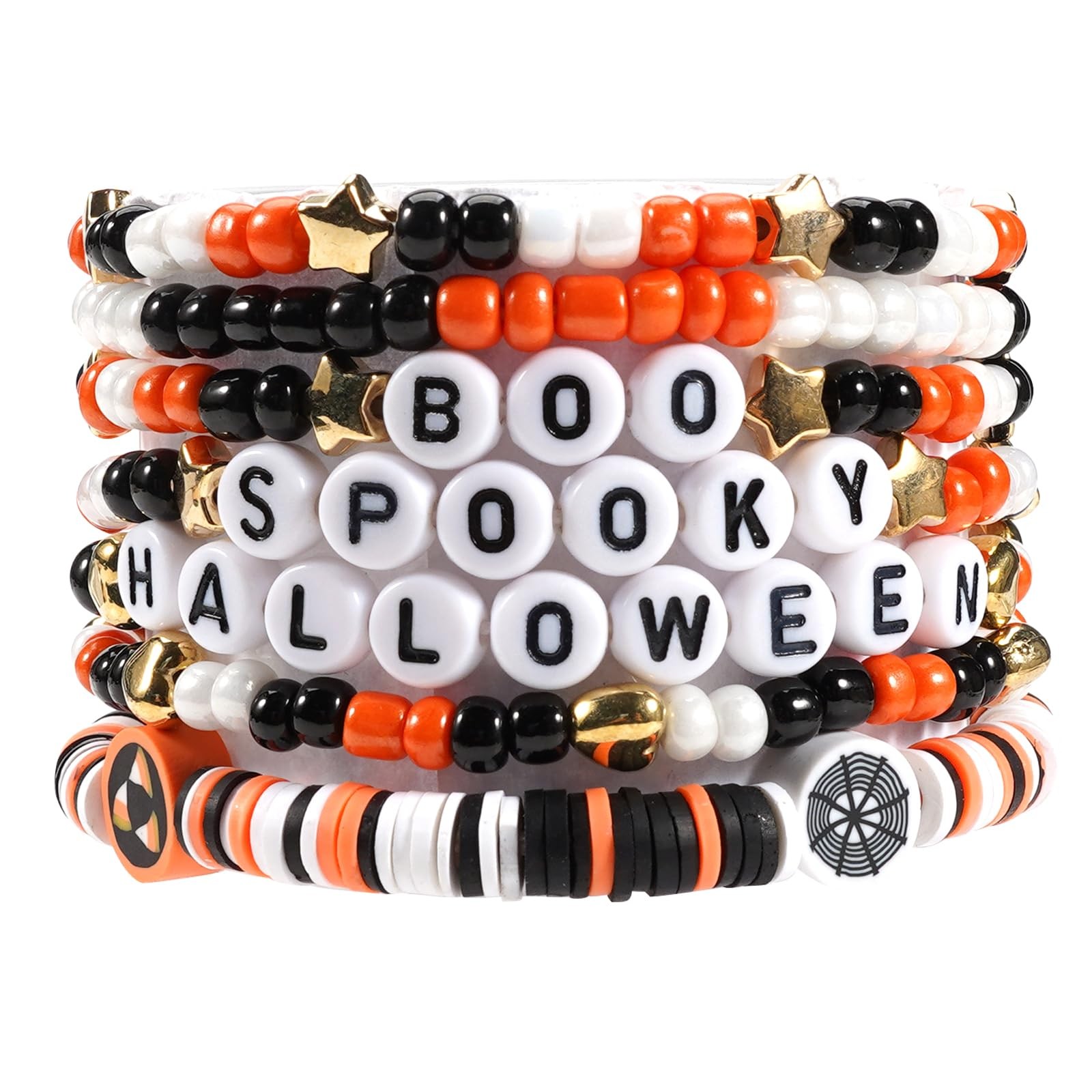 Halloween Heishi Bracelets for Women Boo Pumpkin Skull Spider Web Beaded Bracele