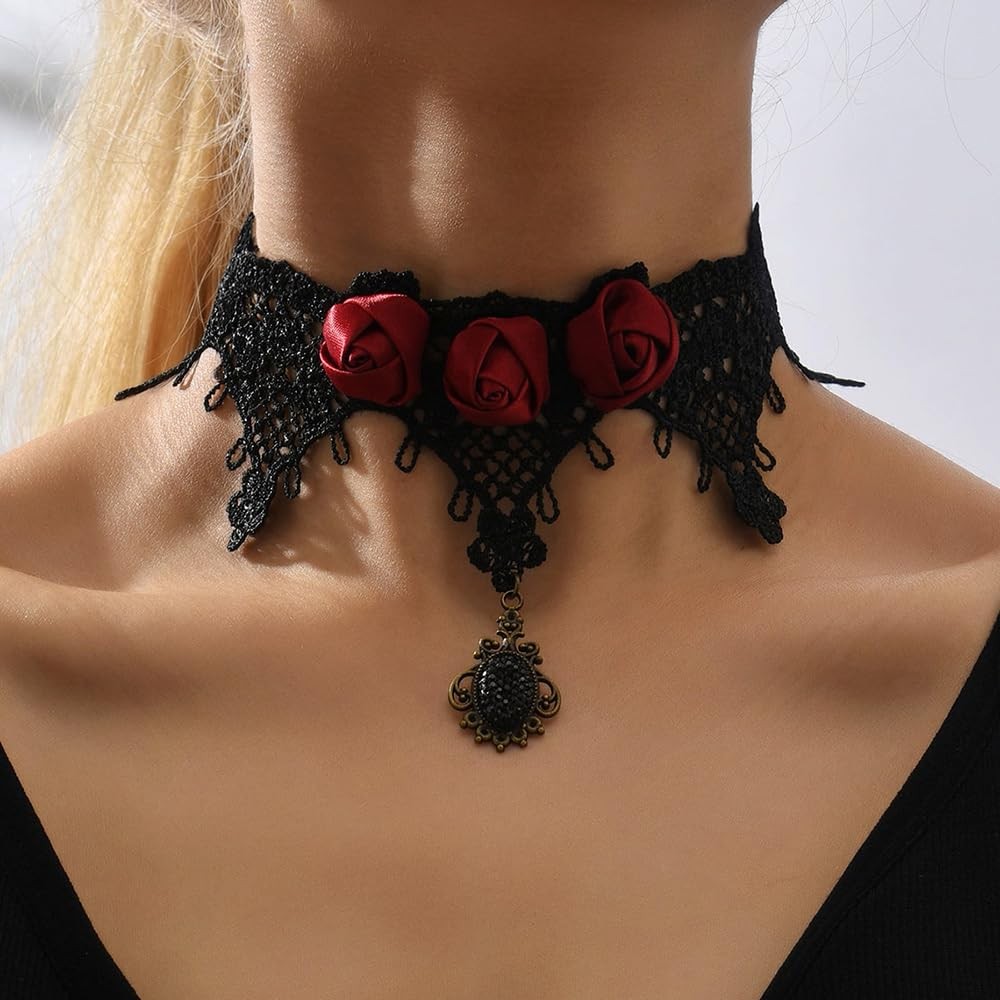 Dainty Vintage Red Flower Halloween Tassels Lace Choker Necklace Black Shinny Cr