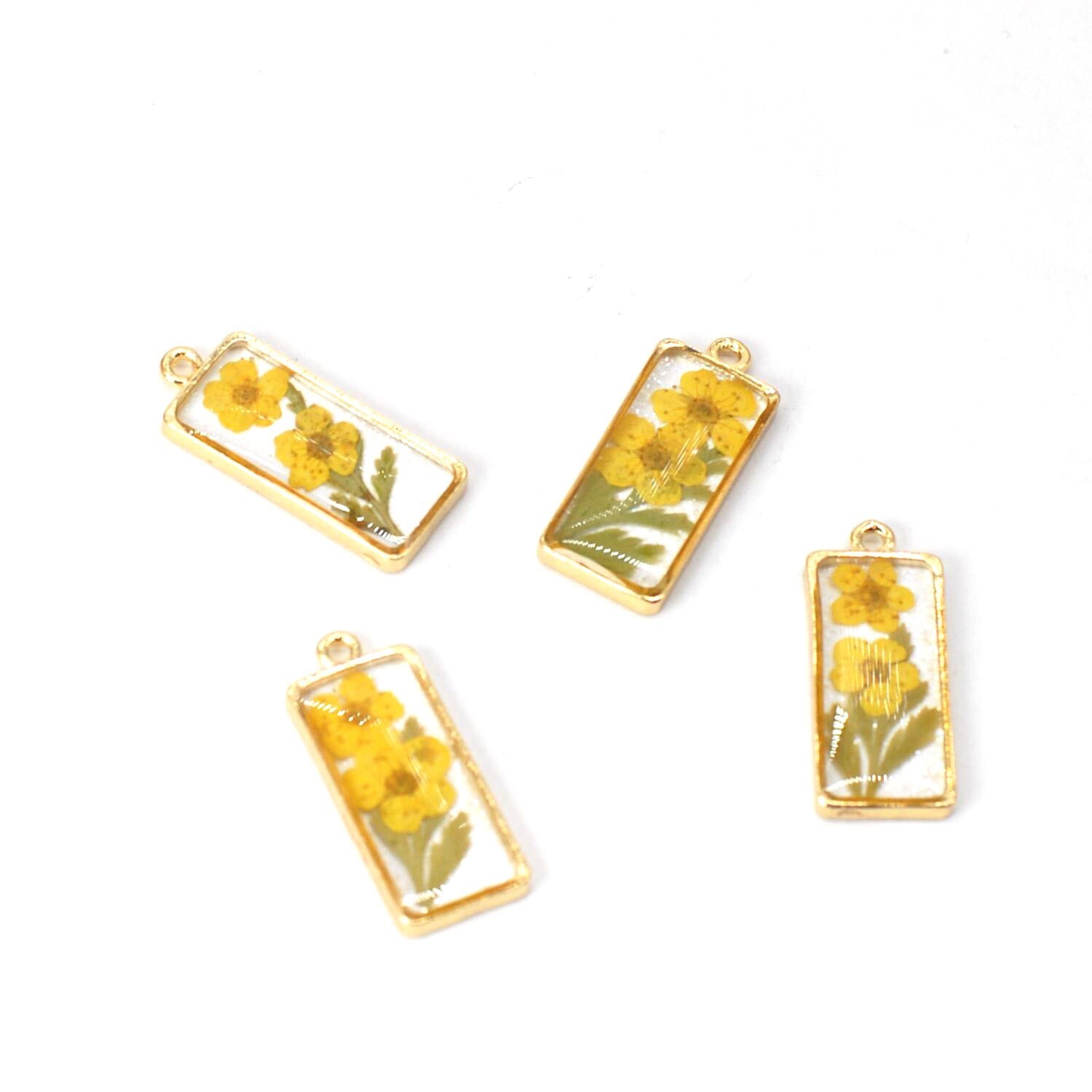 4PCS Gold Tone Real Dry Flower Resin Rectangle Charm Pendant Supply GBY324