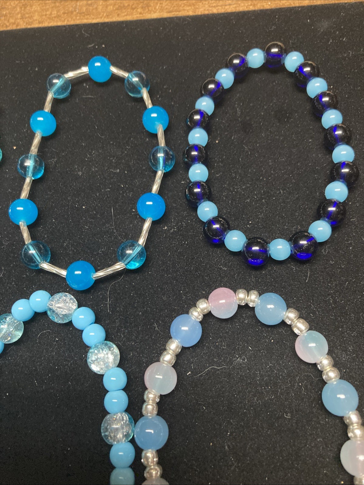 Handmade Glass Beads & Acrylic Bracelets, Lot Of 12 Blue Colors, Stretch Cord.