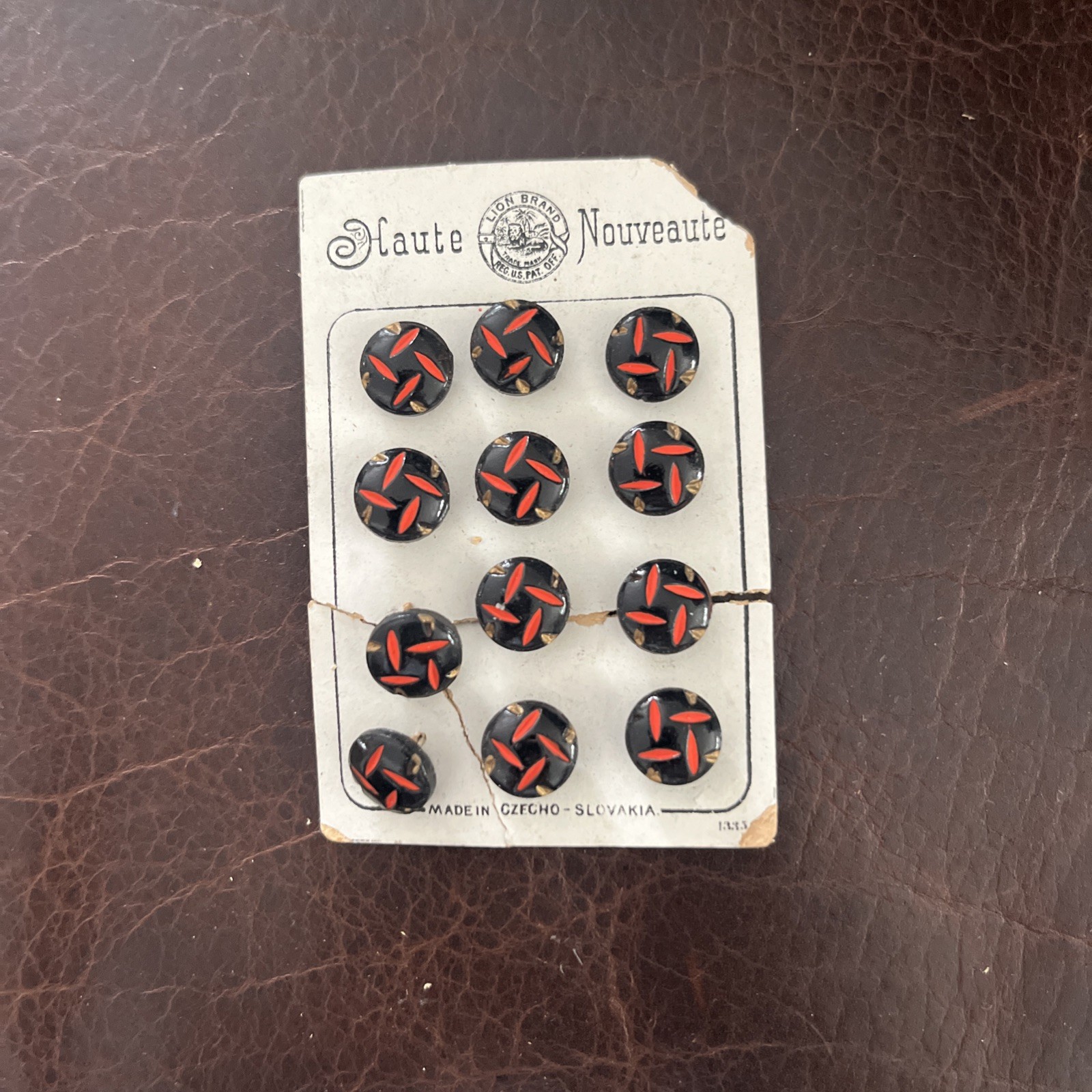 Antique Haute Set 12 Czech Miniature Buttons Partial Original Card Lion Brand