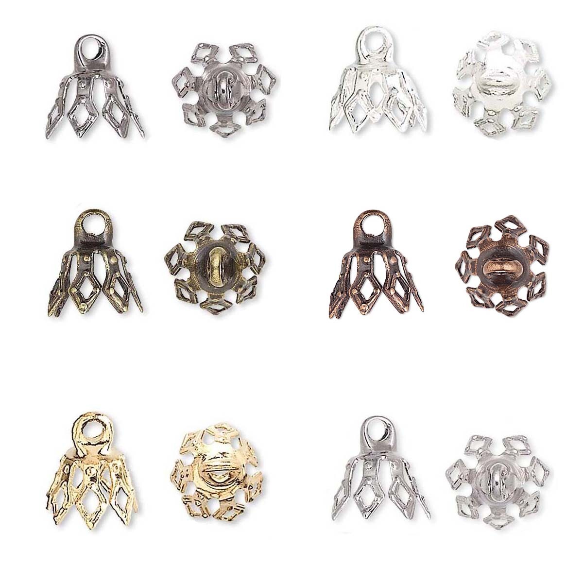 100 Plated Brass Bell Bead End Charm Caps with Loop & 7 Filigree Prong Legs