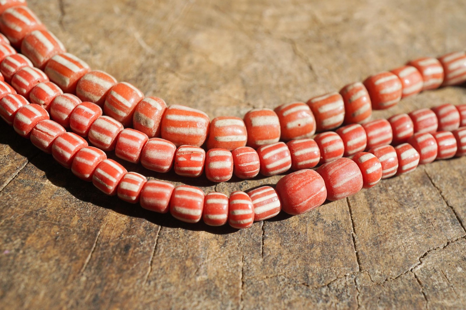 Artisan Made Java Glass Beads: Orange Red with White Stripes (5-6mm), 2898A378