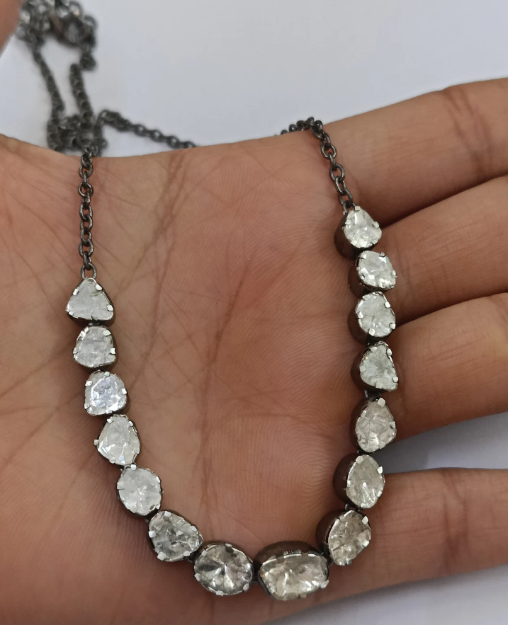 Victorian Rosecut Polki Diamond Necklace 925Silver Vintage Wedding Polki Jewelry