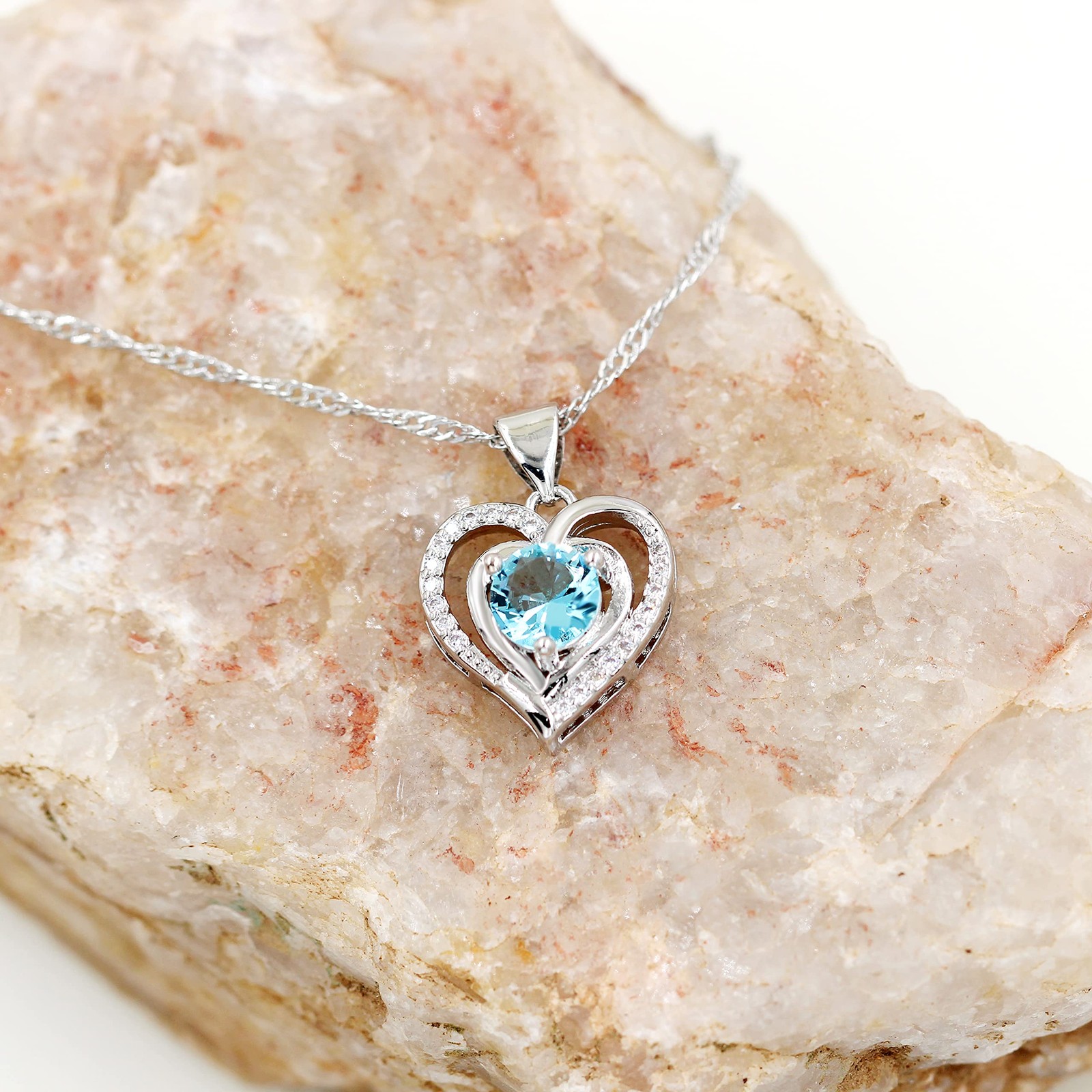 Platinum Plated Blue Crystal Heart Pendant Necklace Round Cubic Zirconia Double