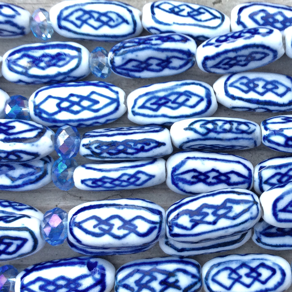 Blue White China Celtic Diamond Motif 16x9mm Rectangle Ceramic Beads Q2 Strands