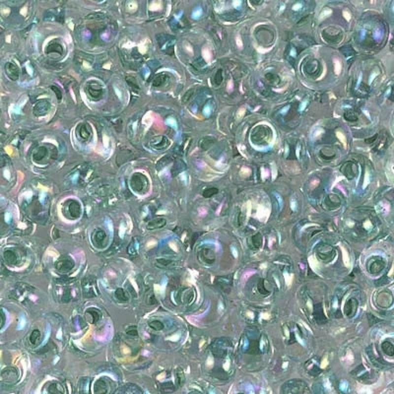 267/2148, Moss GREEN Lined CRYSTAL AB, 10g, 4mm Magatama, drop/fringe (m-18)