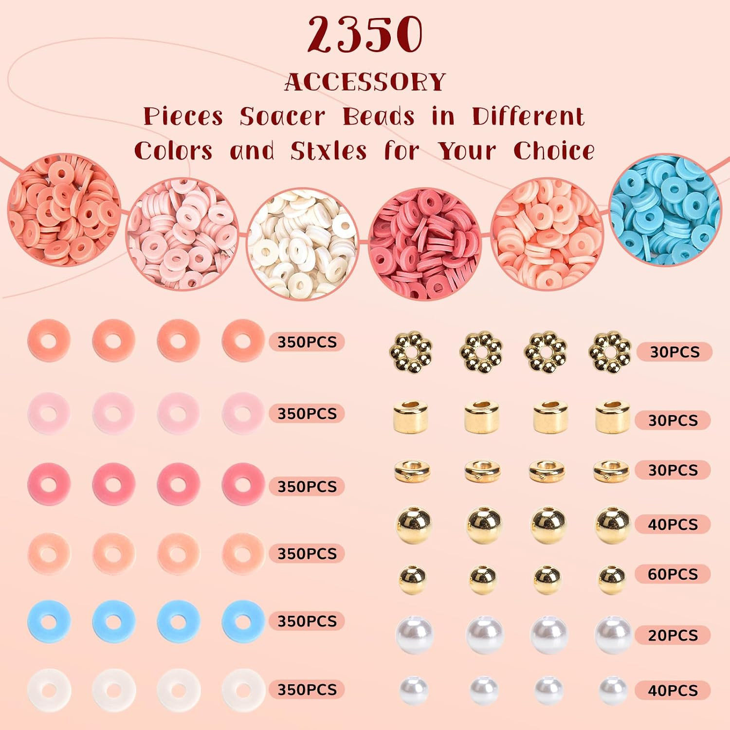 2350Pcs Pink Clay Beads for Bracelets Making | 6 Color Heishi Beads Polymer for