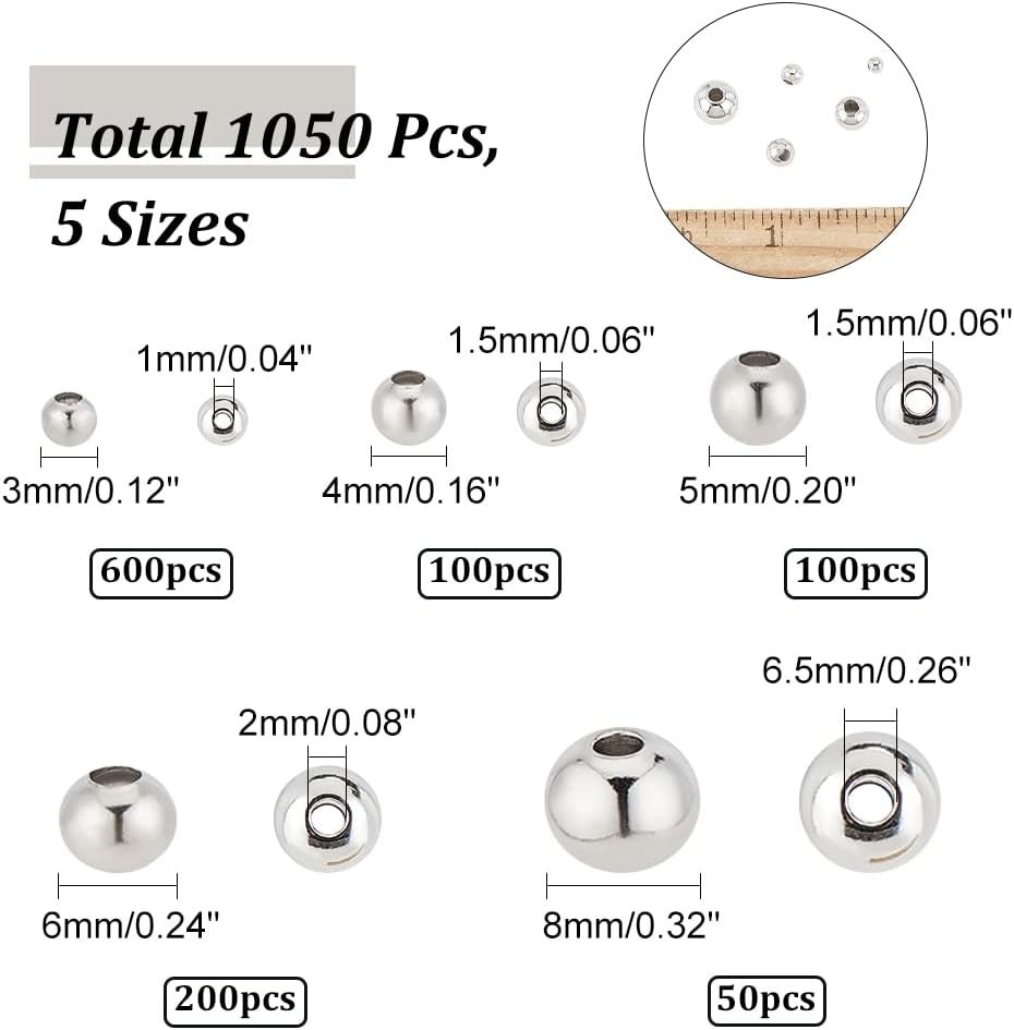 1050 Pcs Stainless Steel Spacer Beads, 5 Sizes , Silver, Round, Beads