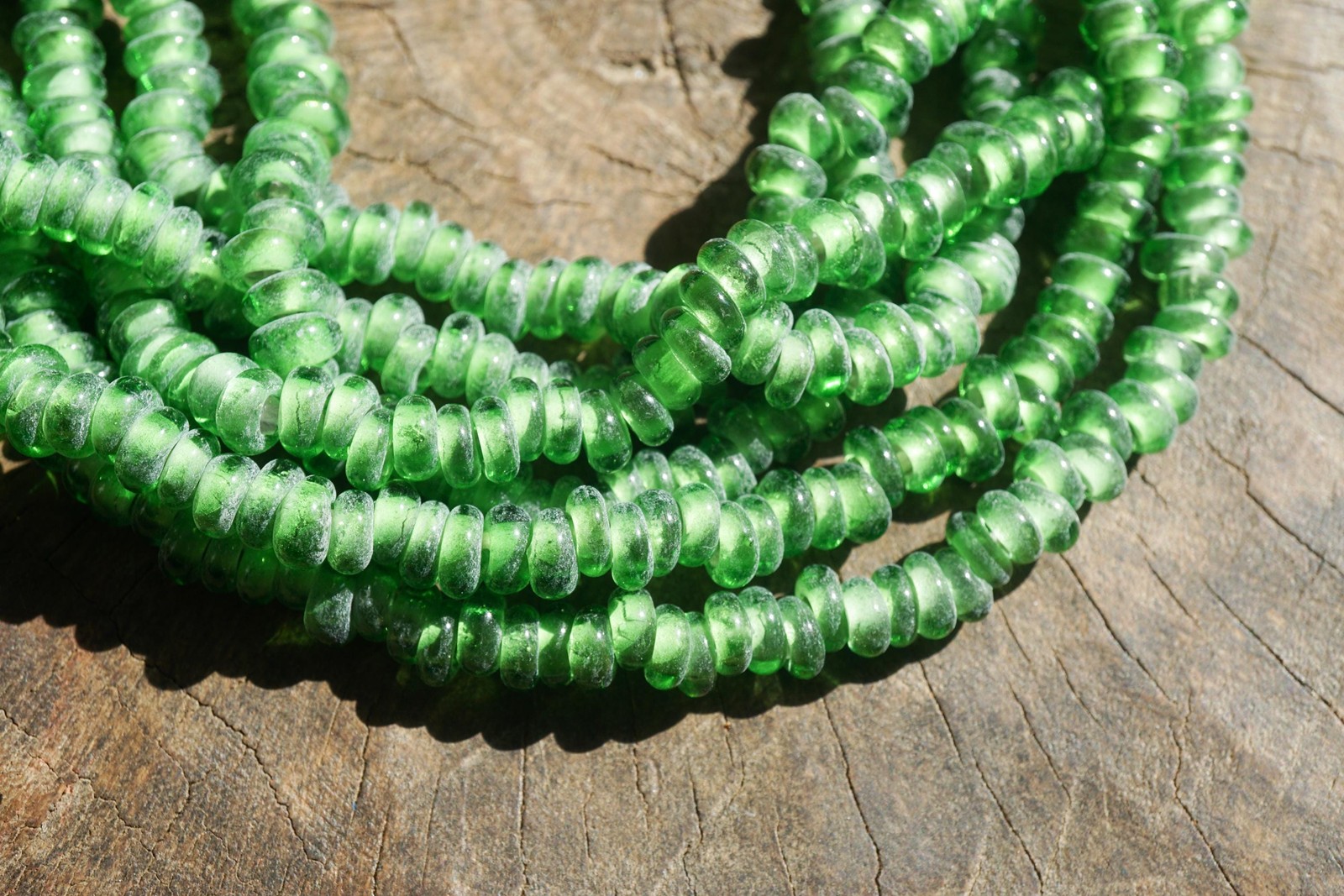 Artisan Made Green Java Glass Donut Beads (7mm) – Organic Parrot Green Strand