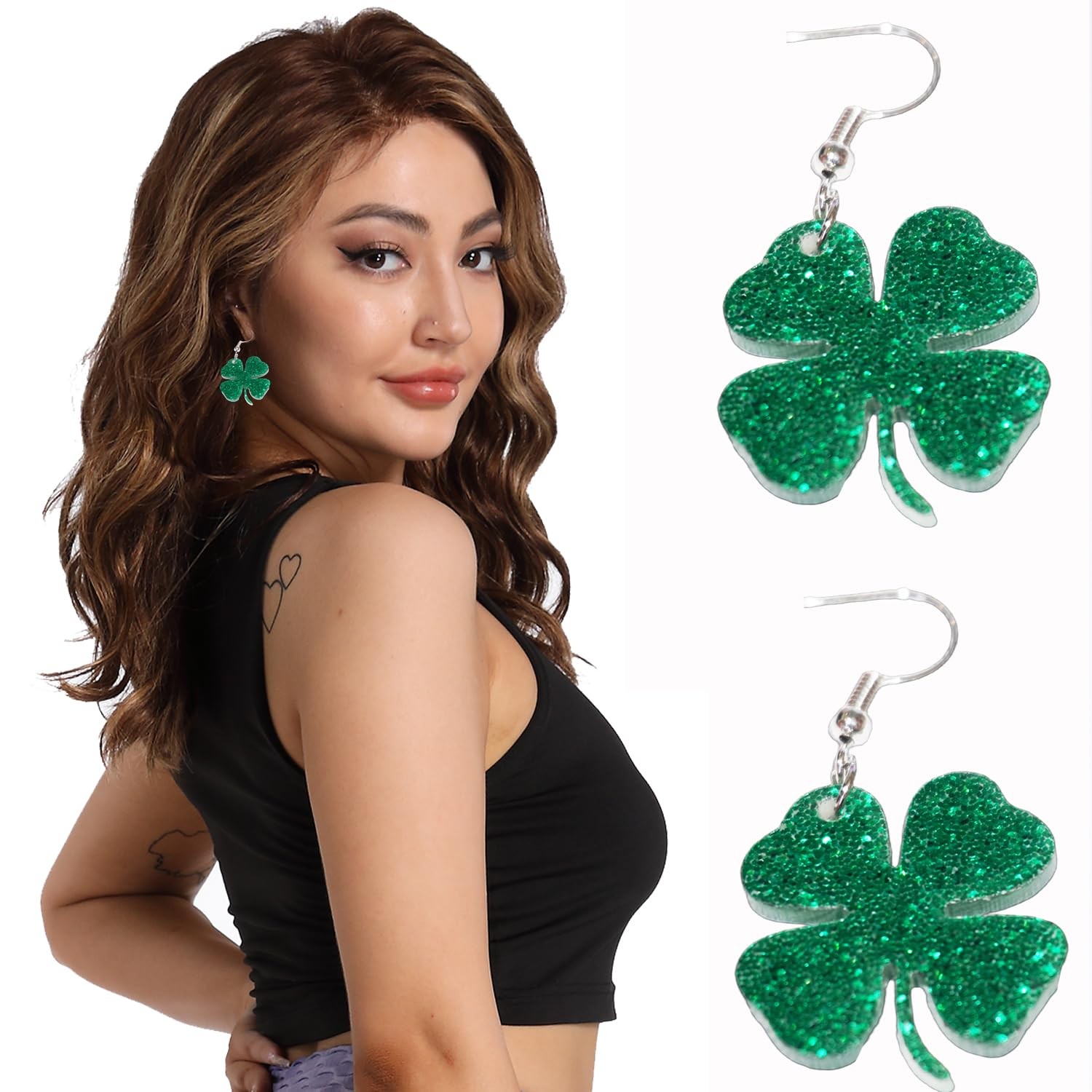 Women Adult St Patricks Day Earrings, Green Shamrock Dangle Earrings St. Pa – 01