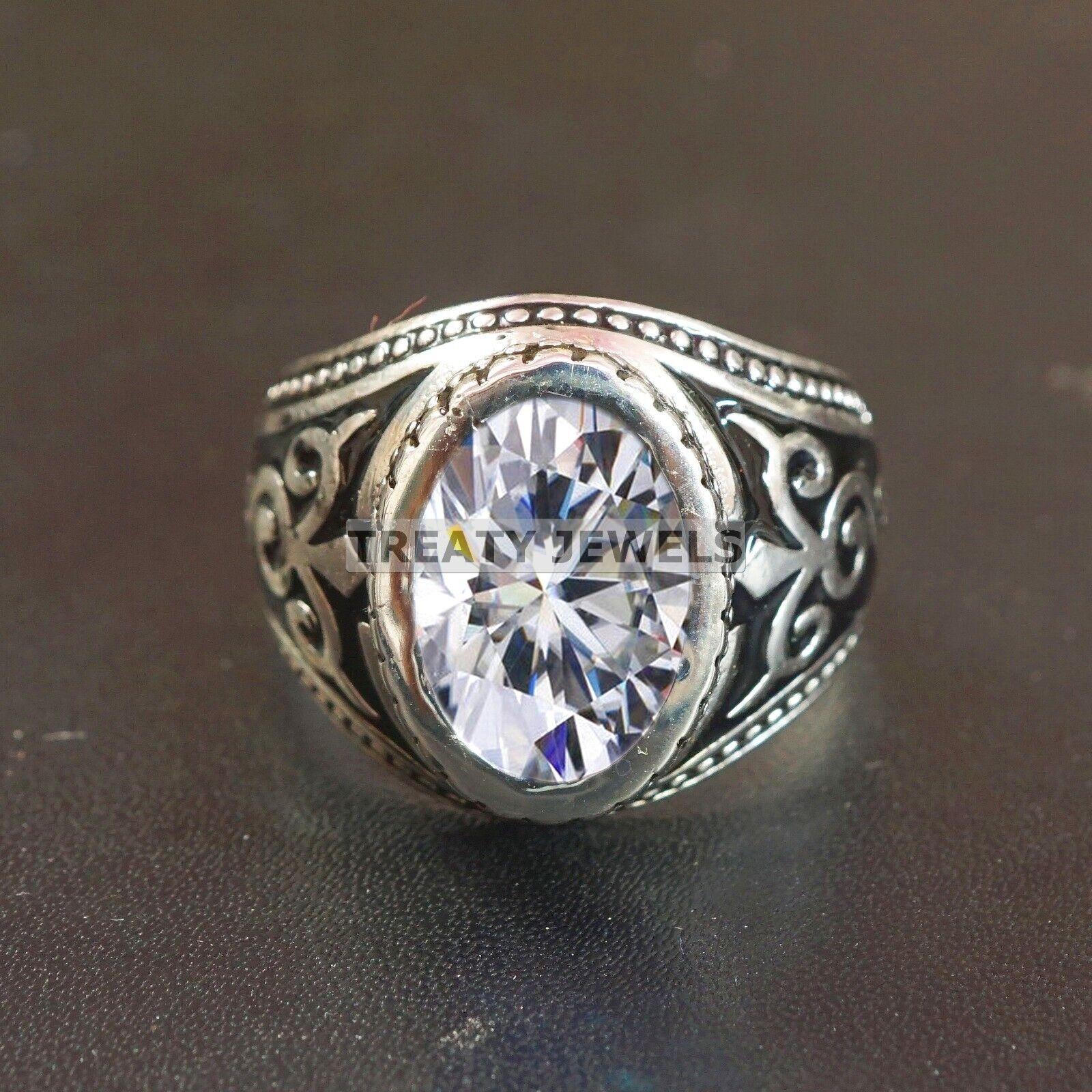Moissanite Oval Cut Gemstone With Solid 14K White Gold Ring For Men’s #B291 #