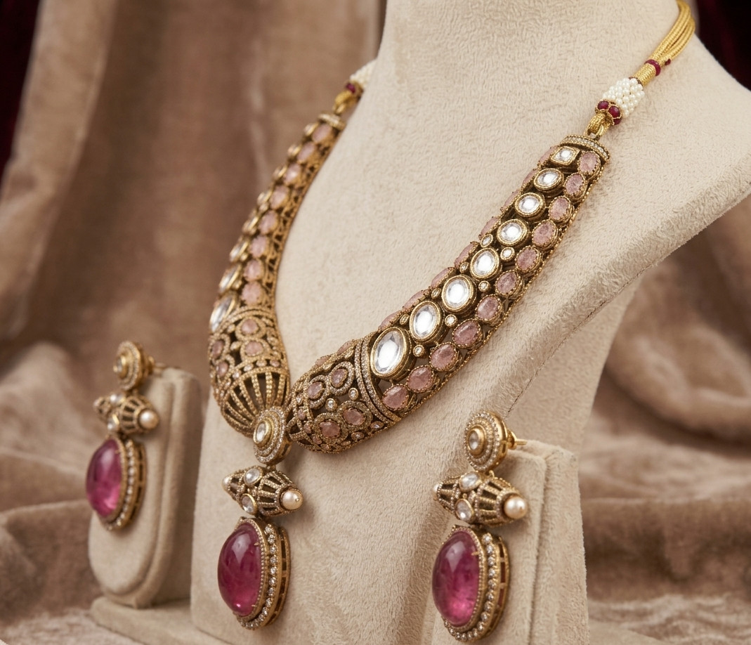 Polki pink Choker Necklace Set Sabyasachi Inspired Moissanite Kundan set