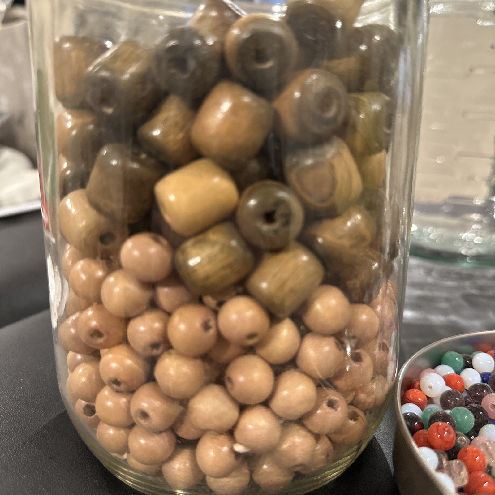 Wood and Glass Bead Lot Approximately 500 Wood Beads. Unknown # Of Glass Beads.
