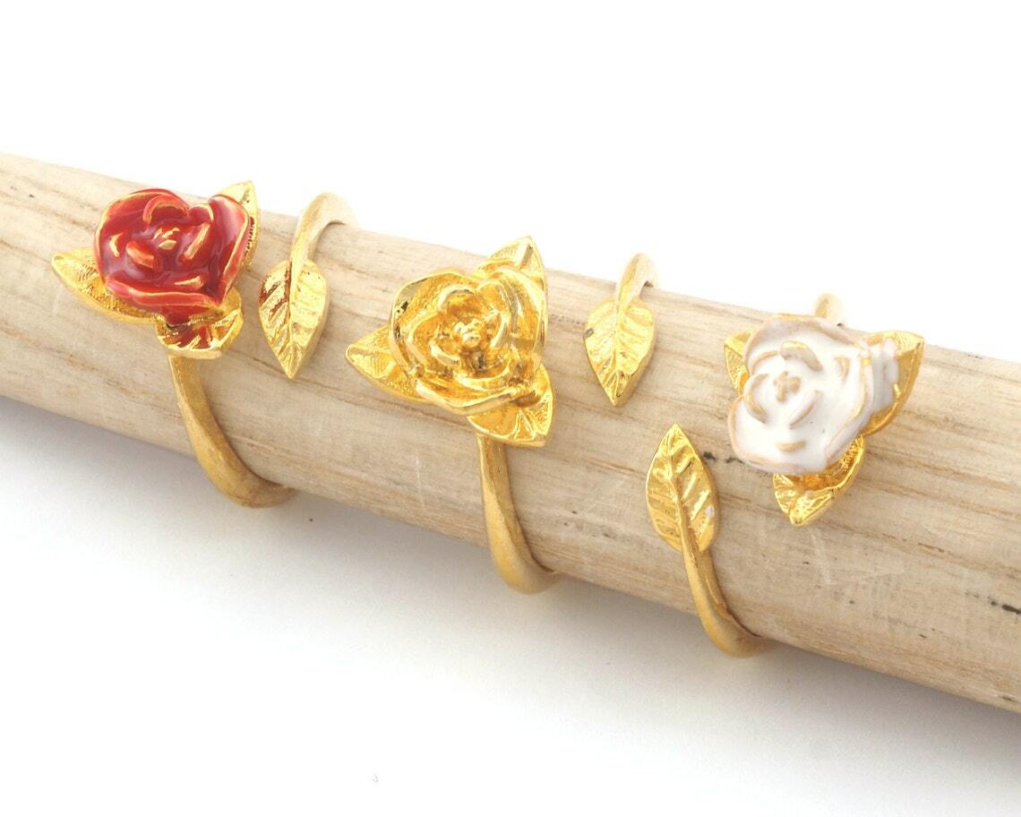 Rose Leaf Flower Ring Red or White Enamel Adjustable Gold Plated Brass 4744