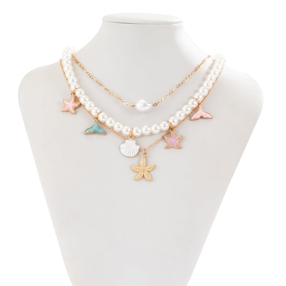 Gold Layered Seashell Starfish Necklace: Adult Women’s Boho Turtle Conch Starfis