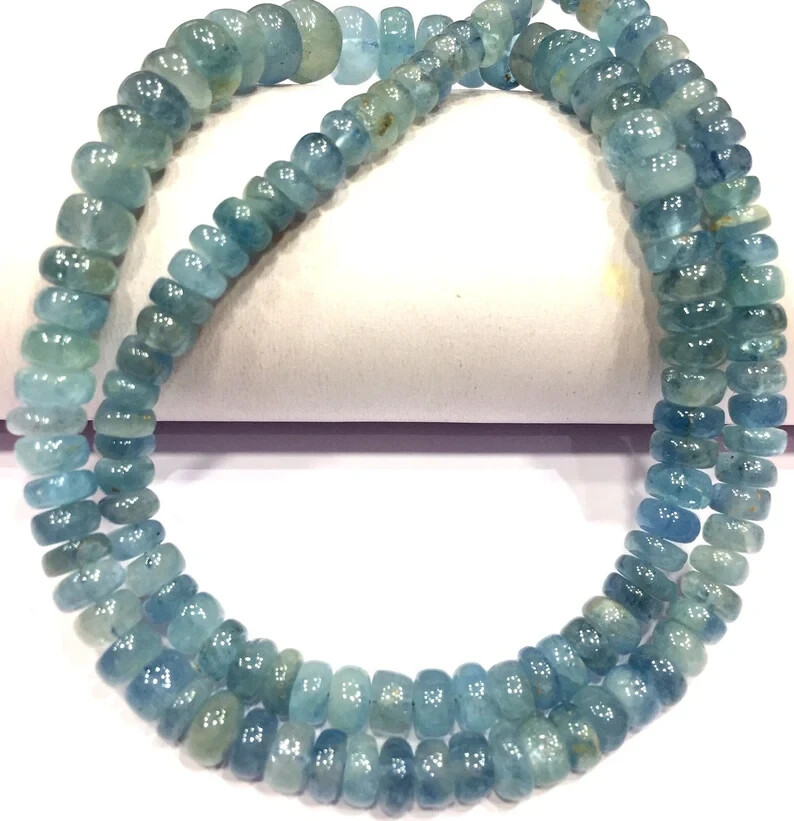 TOP QUALITY~Natural Rare Moss Aquamarine Smooth Beads Rondelle Strand Beads.