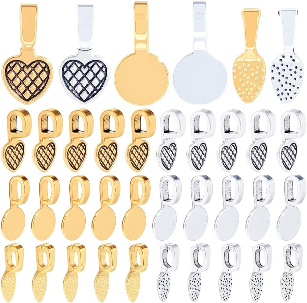 1 Box 120Pcs 6 Styles Glue on Pendants Flat Bail Charms Bulk Gold Silver Metal A