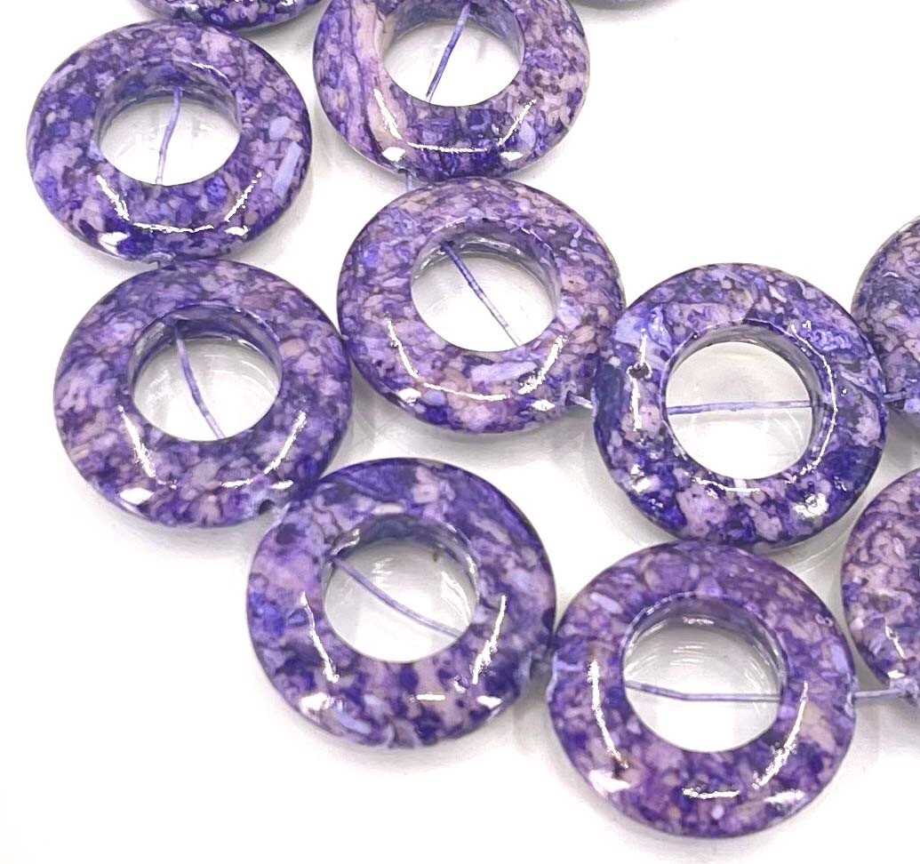 10 Rain Flower Stone Purple Frame Donut Coin Round Beads 20mm