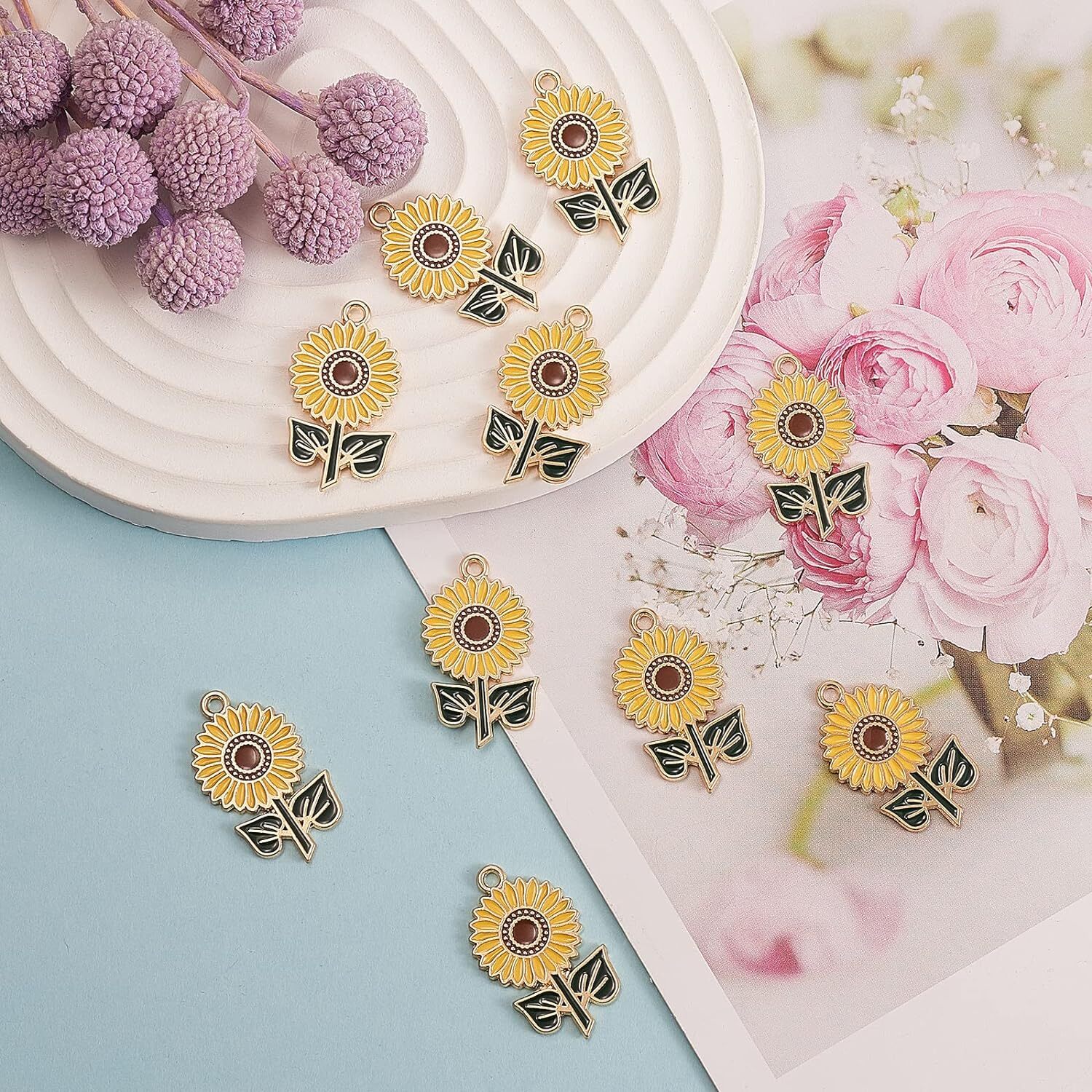 10x Enamel Sunflower Charms Daisy Flower Pendant for Jewelry Making DIY Craft