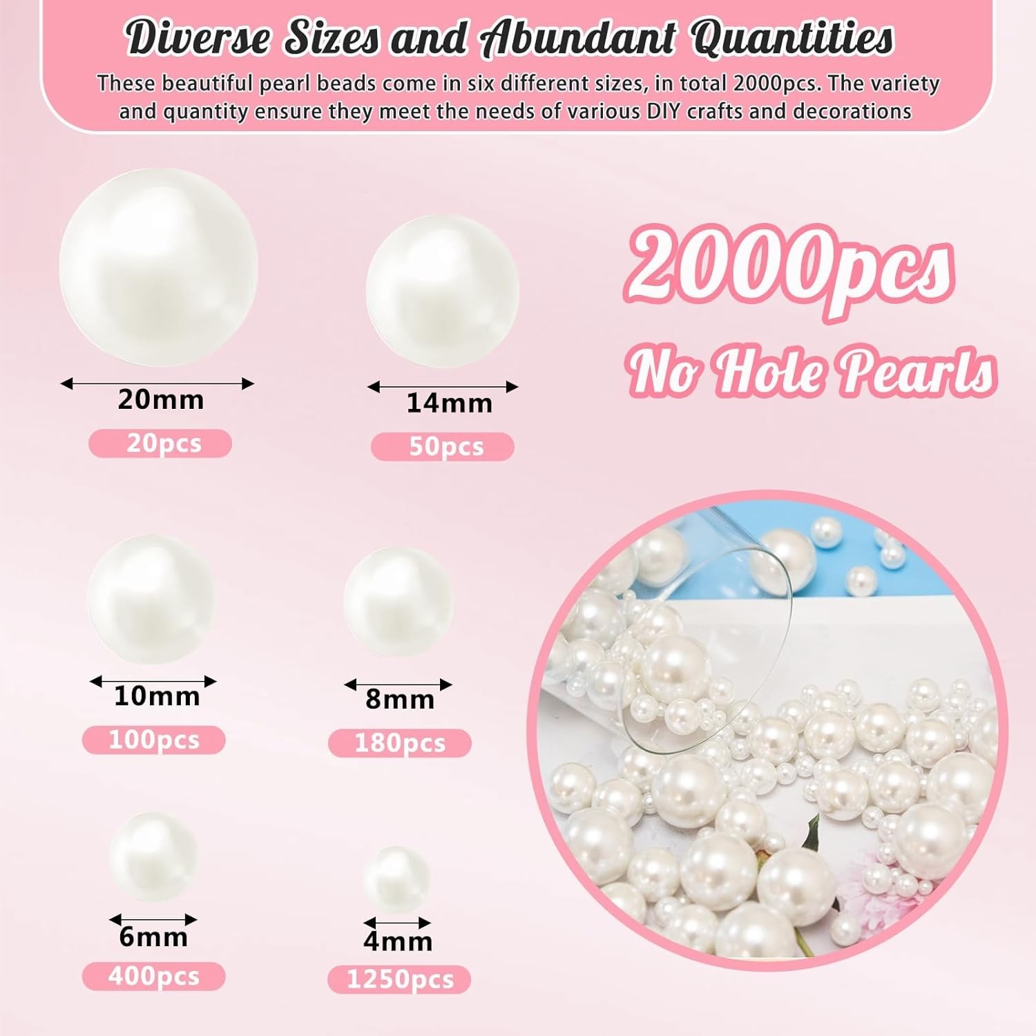 2000PCS Pearls for Crafting, Ivory No Hole Beads for Centerpieces Vases, Assorte