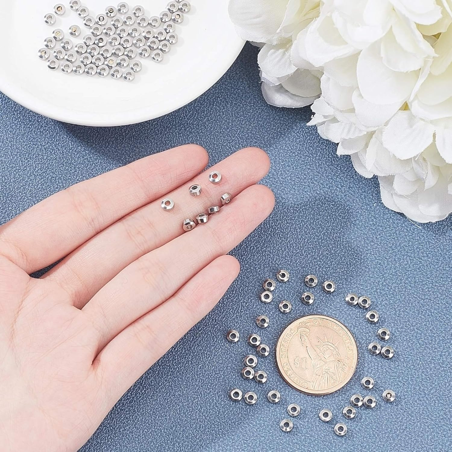 about 100Pcs 4Mm Flat round Spacer Beads Stainless Steel Loose Beads 1.8Mm Hole