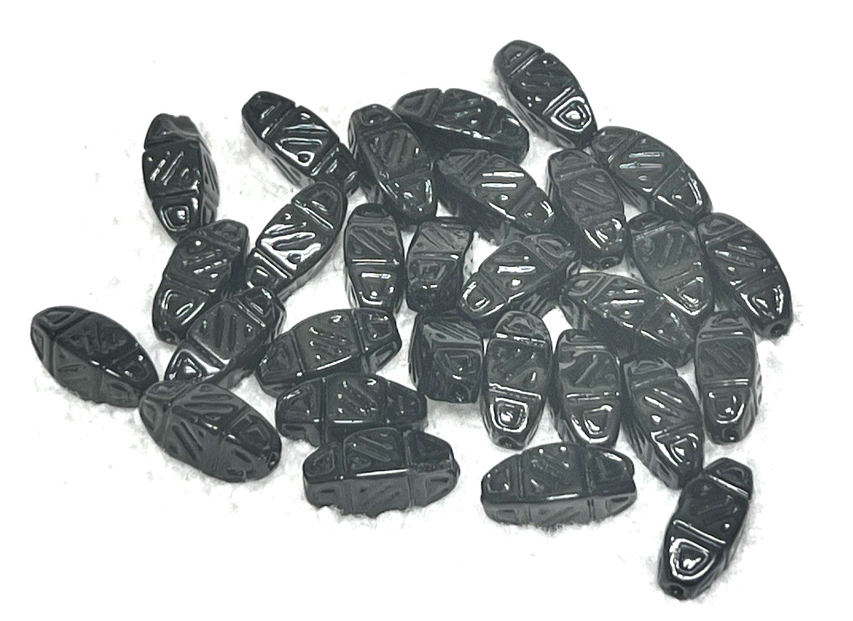 10 Vintage Art Glass Beads Fancy Design Glossy Black 7/16th inch Tube