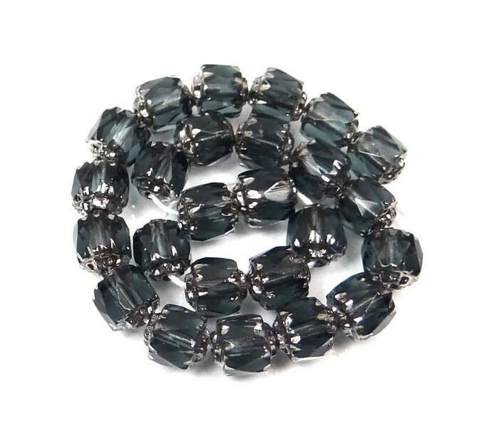 20 Czech Glass Antique Style Octagonal Cathedral Beads – Silver Montana Blue 6mm