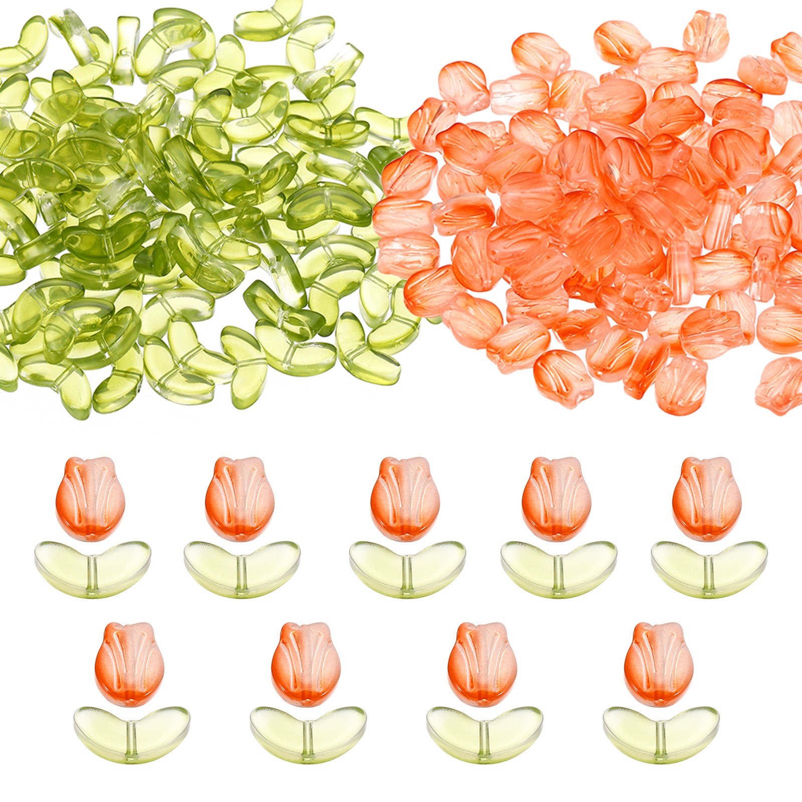 200 Pack Tulip Flower Crystal Glass Beads Texture Flower Bead Orange/Green