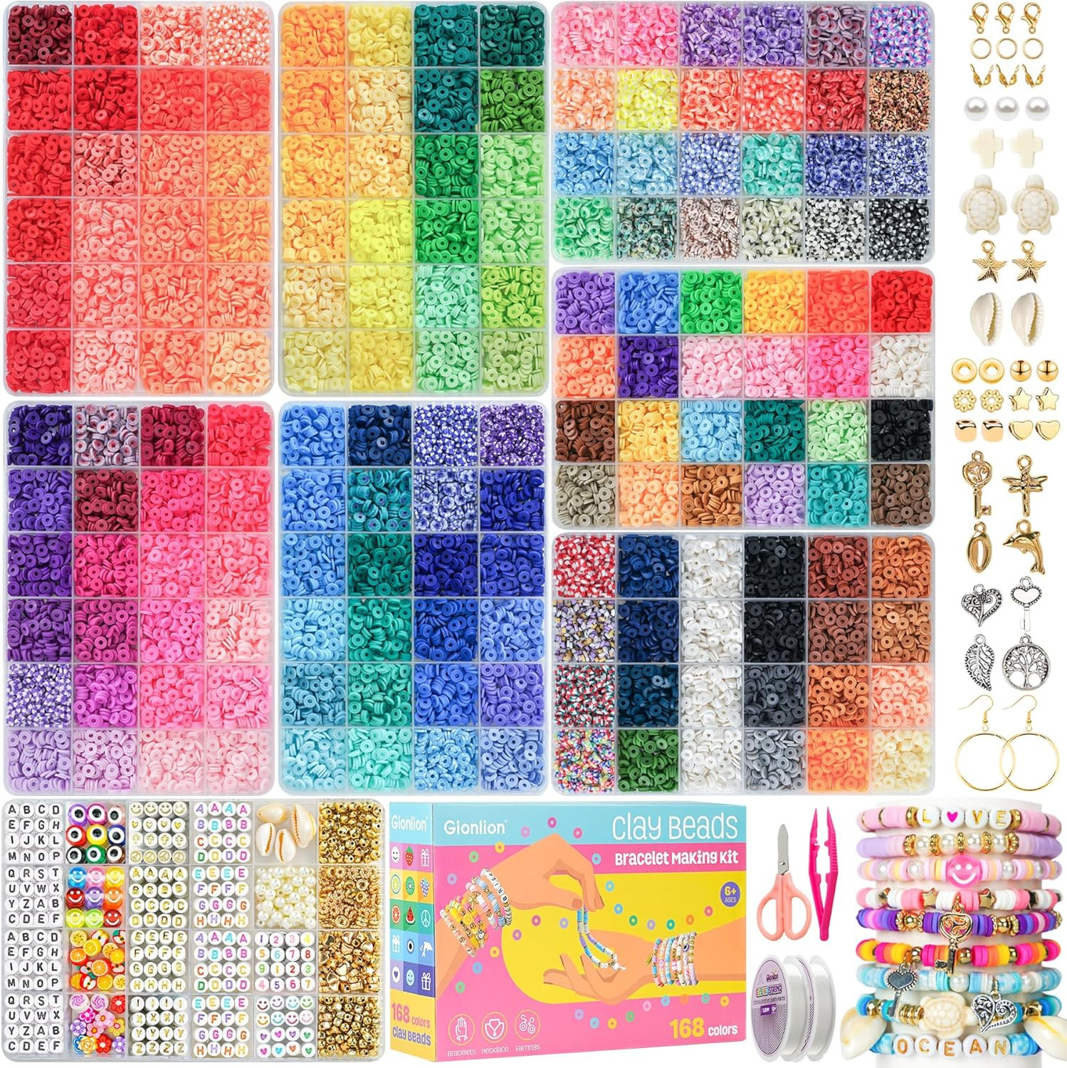 30,000 Pcs Clay Beads Bracelet Making Kit, 168 Colors 8 Boxes Flat Preppy Beads