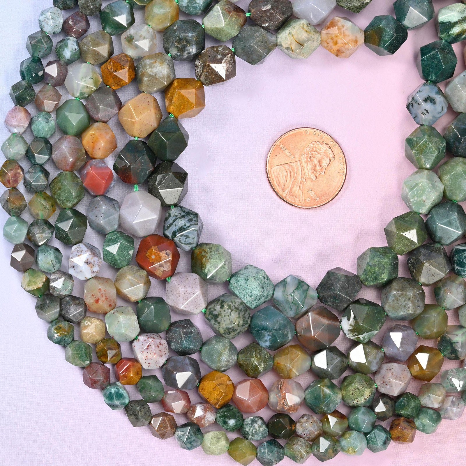 Indian Agate Beads: Faceted Diamond Star Cut, 6-10mm, 15.5 inch Strand