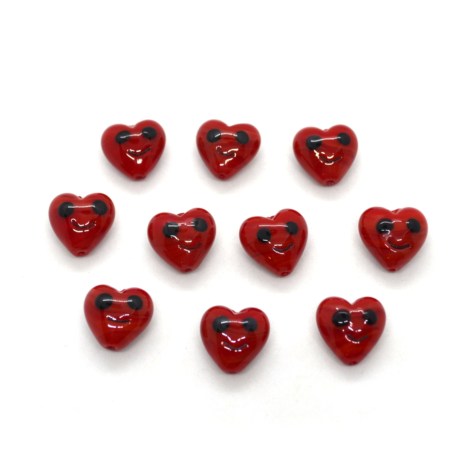 (10 pcs) Red Smiley Heart Beads – Lampwork Beads, Approx 15x15mm