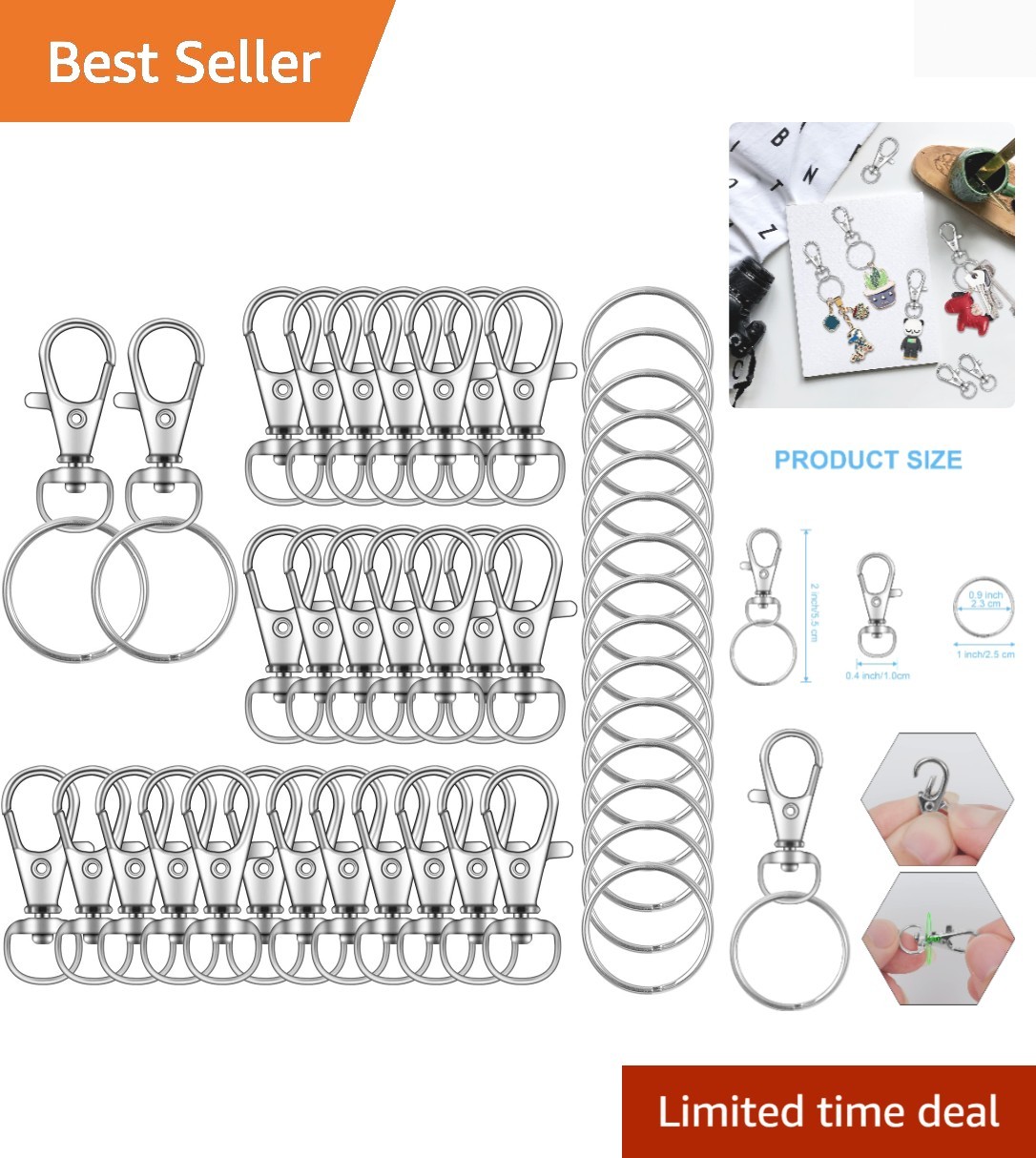 70PCS Swivel Snap Hooks with Key Rings, Metal Lobster Claw Clasp, Keychain Ri…