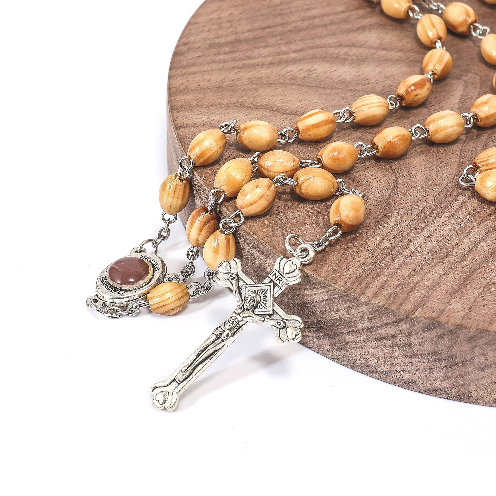 Catholic Rosary Olive Wood Beads Necklace Holy Soil Metal Cross Gift Bag