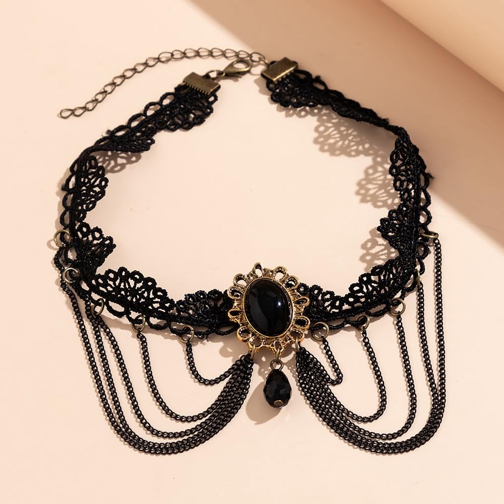 Women Boho Fashion Prom Shinny Crystal Punk Black Lace Chunky Choker Necklace Da
