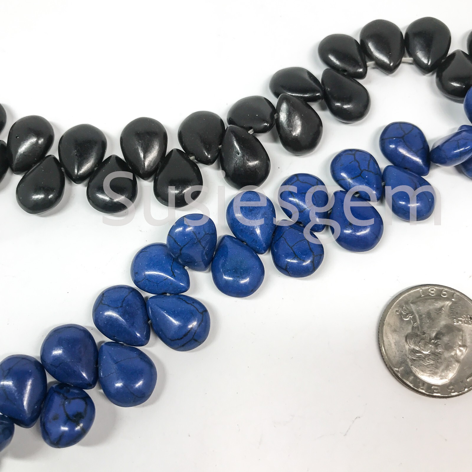 Blue / Black Howlite turquoise teardrop beads 11x15mm. Sidedrilled Howlite beads